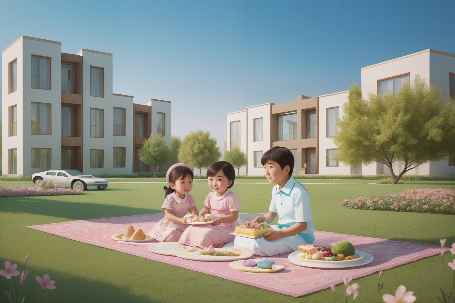 Year: 2010
Country: Kazakhstan
Description: Against the backdrop of modern architecture in Nur-Sultan, an upper-middle-class family in coordinating pastel outfits enjoys a picnic on a manicured lawn, complete with a symmetrical spread of local delicacies.