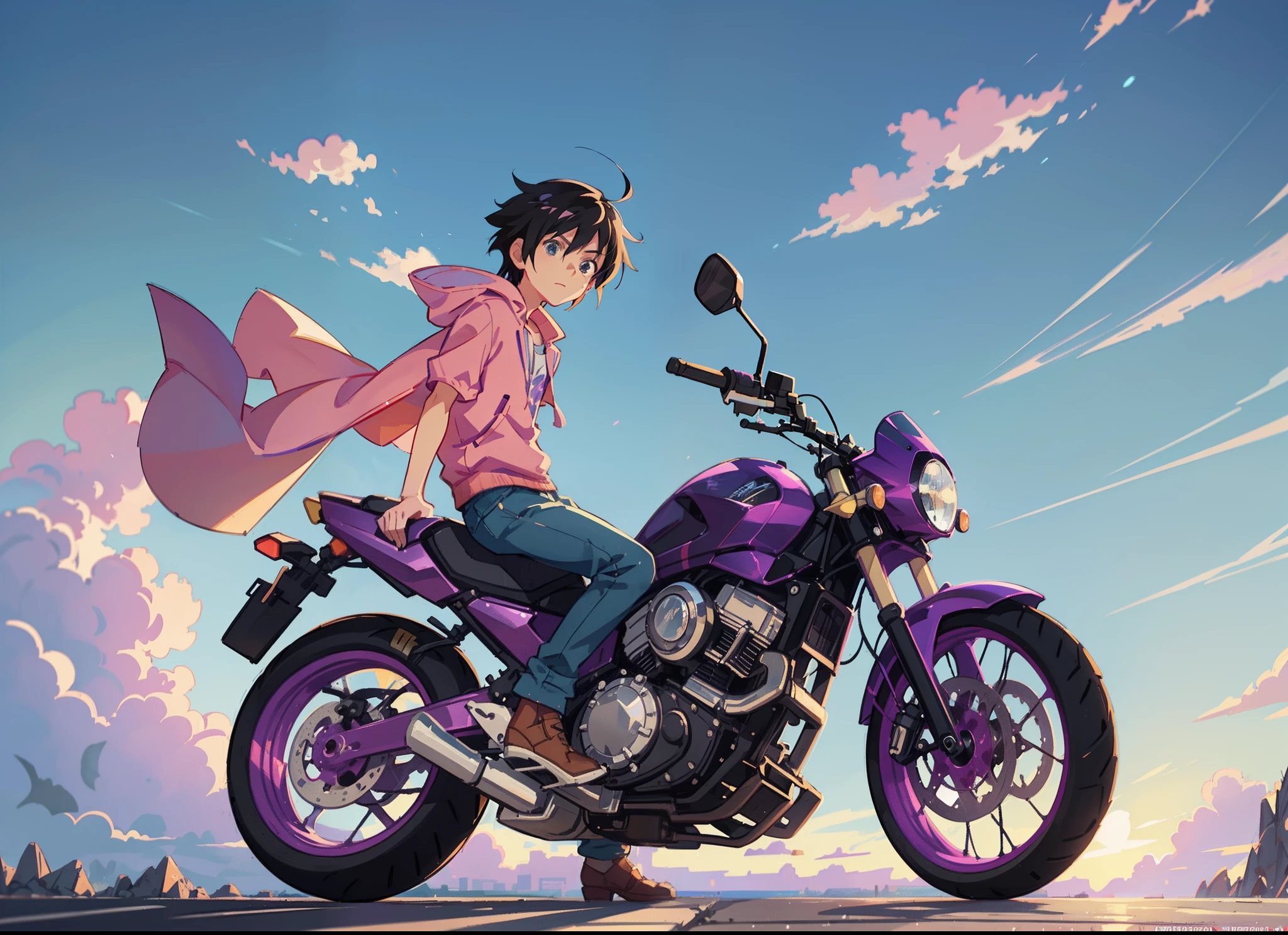 Anime scene where motorcycles drive by under pink and purple skies，Anime drawing by Makoto Shinkai，Popular trends on pixiv，magic realism，beautiful anime scenes，Cosmos Sky。 by makoto shinkai, ( ( makoto shinkai ) ), by makoto shinkai, Anime background art, Makoto shinkai style, with light glowing, sidelighting, Wallpapers,