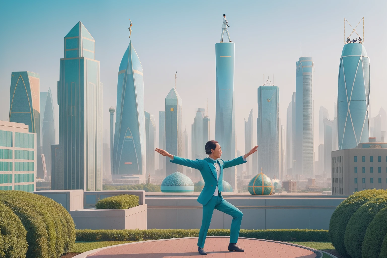 Year: 2023
Country: Kazakhstan
Description: Amidst the futuristic skyline of Almaty, a solitary figure practices tai chi on a geometric rooftop garden, while a quirky ensemble of sculptures and topiaries adds a touch of Wes Anderson whimsy.