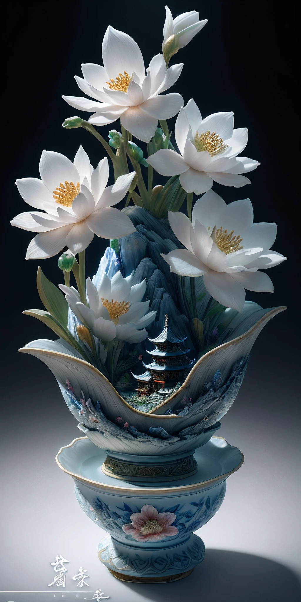 best quality, realistic, photorealistic, ultra detailed, "Mountain of Flower and Fruit+Fairy+Chinese Architecture" highly detailed carving on "southern ice" porcelain,Ultra wide angle,Accent Lighting,Volumetric Lighting,backlighting, (detailed light),((an extremely delicate and beautiful)),dramatic_shadow,ray_tracing,hdr