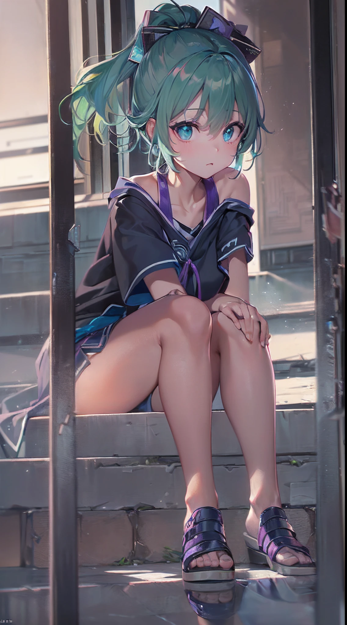 (a beautiful assassin girl), (sit on the stairs),((perfect and thin)), short ponytail, (green hair),(gradient eye colors), ((bright and clear eye)), green eyes, (nocturnal clothes without sleeves), black short nocturnal skirt, (Japanese shrine), ((rapid lighting attribute), ((purple and dark blue lighting)), (anime style), (((cinematic lighting))), ((ray tracing)), ((reflection light)), (((first-person view))), atmospheric perspective, masterpiece, accurate, ((best quality)), high quality, super detail, high details, ((anatomically correct)), highRes, UHD