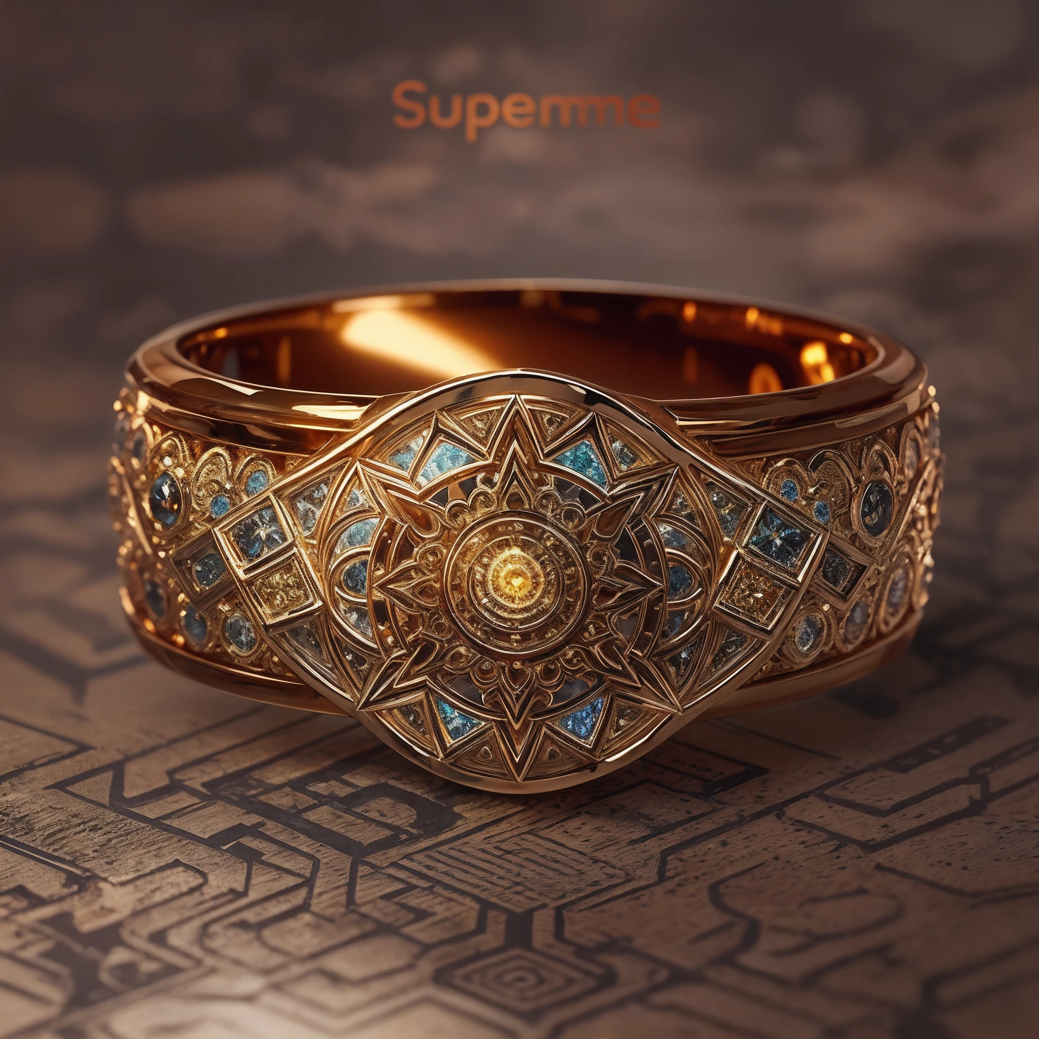 1 Supreme Ring，The magic pattern on it emits the light of the Tyndall effect，It shines with a noble golden light，The golden-red tone is filled with dark-style graphics，simple backgound，