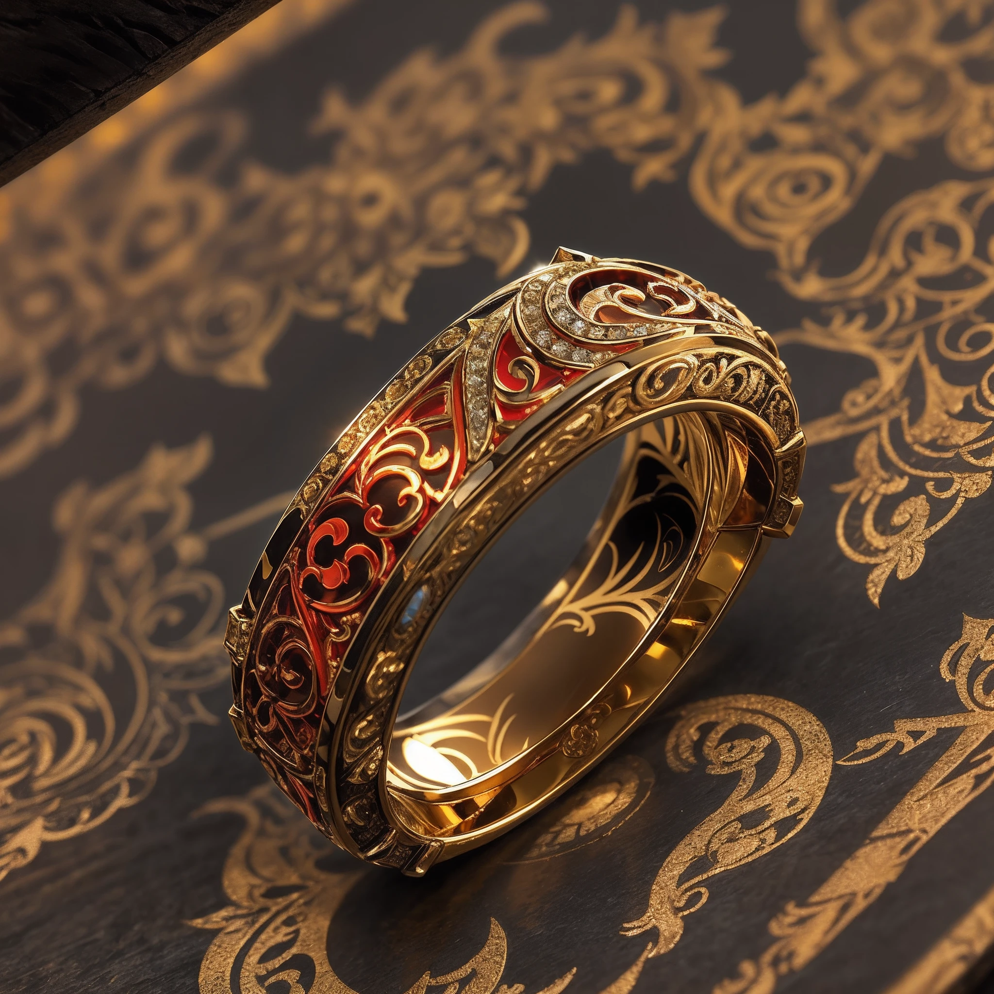 1 Supreme Ring，The magic pattern on it emits the light of the Tyndall effect，It shines with a noble golden light，The golden-red tone is filled with dark-style graphics，simple backgound，