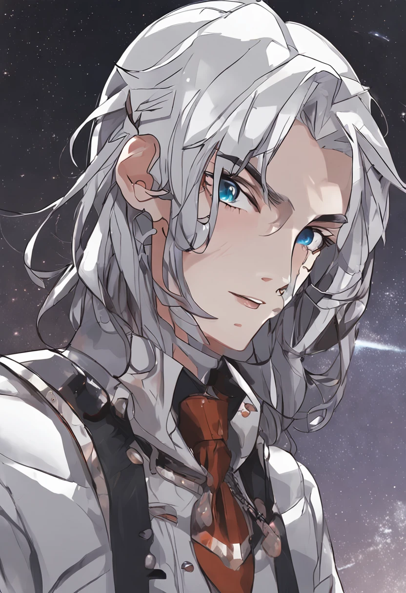 Anime - a gray hair，Stylistic image of man in tie, Silver hair (pony tails), whaite hair, portrait anime space cadet girl, nagito komaeda, silber hair, anime girl with cosmic hair, Portrait Chevaliers du Zodiaque Fille, Silver hair girl, fubuki, Beautiful androgynous prince, Anime style portrait, Delicate androgynous prince, white haired Cangcang