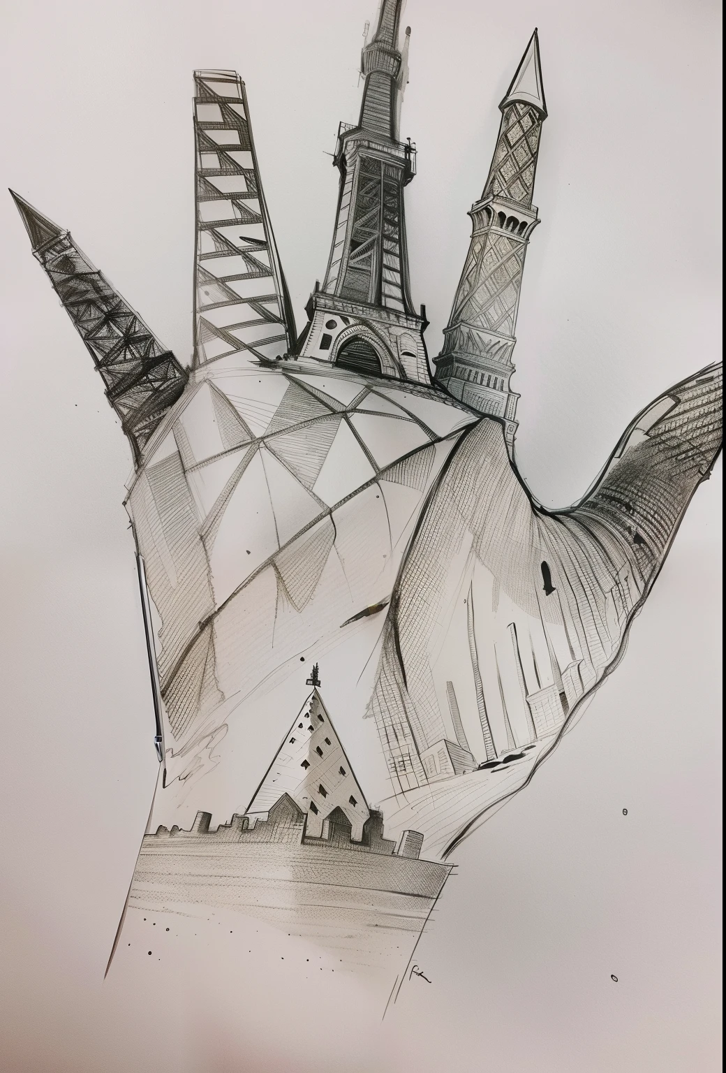 Draw a hand,The five fingers on it are the Eiffel Tower,The Statue of Liberty in the United States,Egyptian pyramids,Leaning Tower of Pisa,Great Wall of China,high detail of a hand, pen and ink drawings, pen and ink on paper, Ink drawing, inked drawing, detailed ink drawing, extreme hand detail, handpainted, pen and ink illustration, ink and watercolor painting, pen and ink