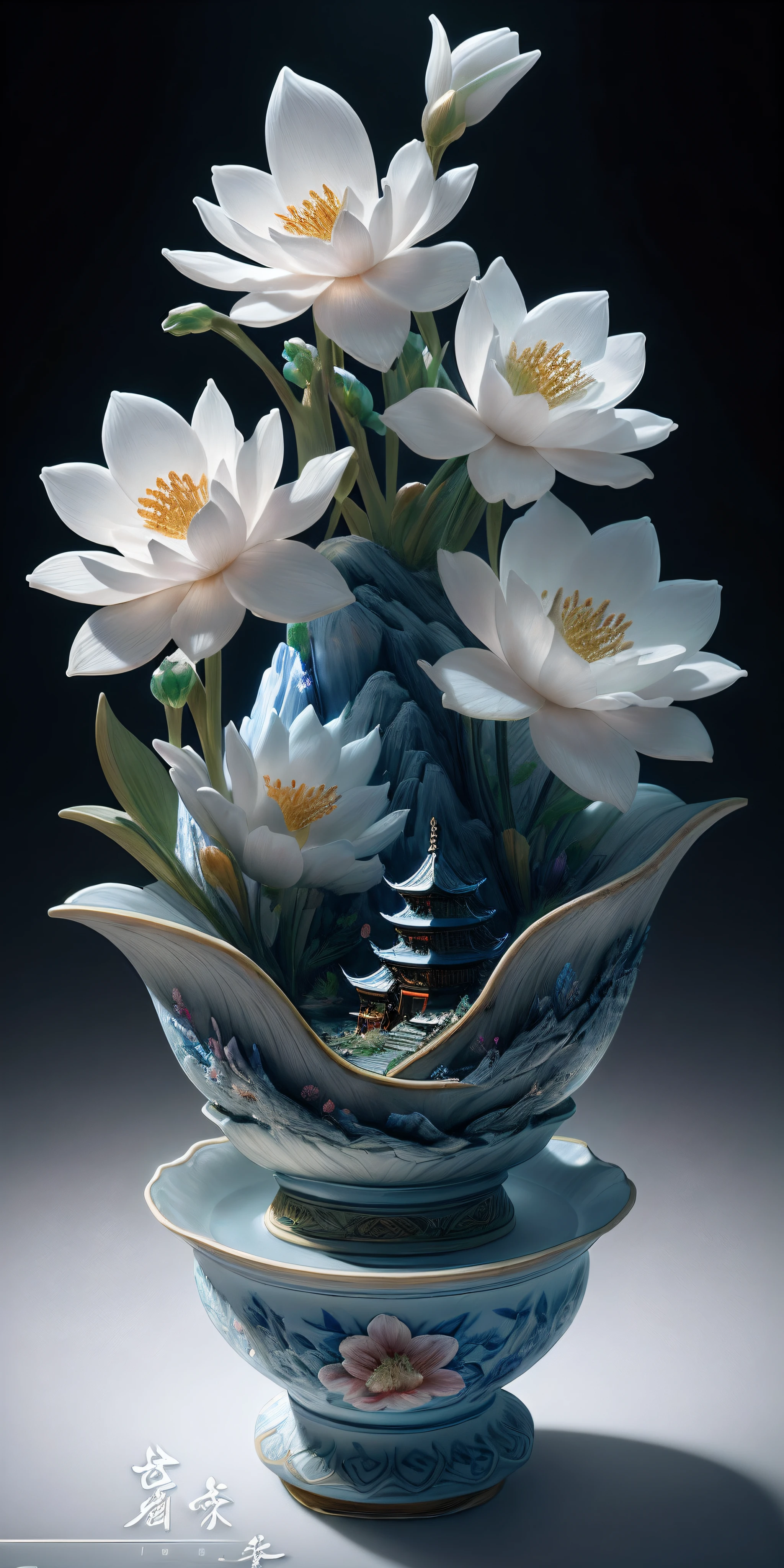 best quality, realistic, photorealistic, ultra detailed, "Mountain of Flower and Fruit+Fairy+Chinese Architecture" highly detailed carving on "southern ice" porcelain,Ultra wide angle,Accent Lighting,Volumetric Lighting,backlighting, (detailed light),((an extremely delicate and beautiful)),dramatic_shadow,ray_tracing,hdr