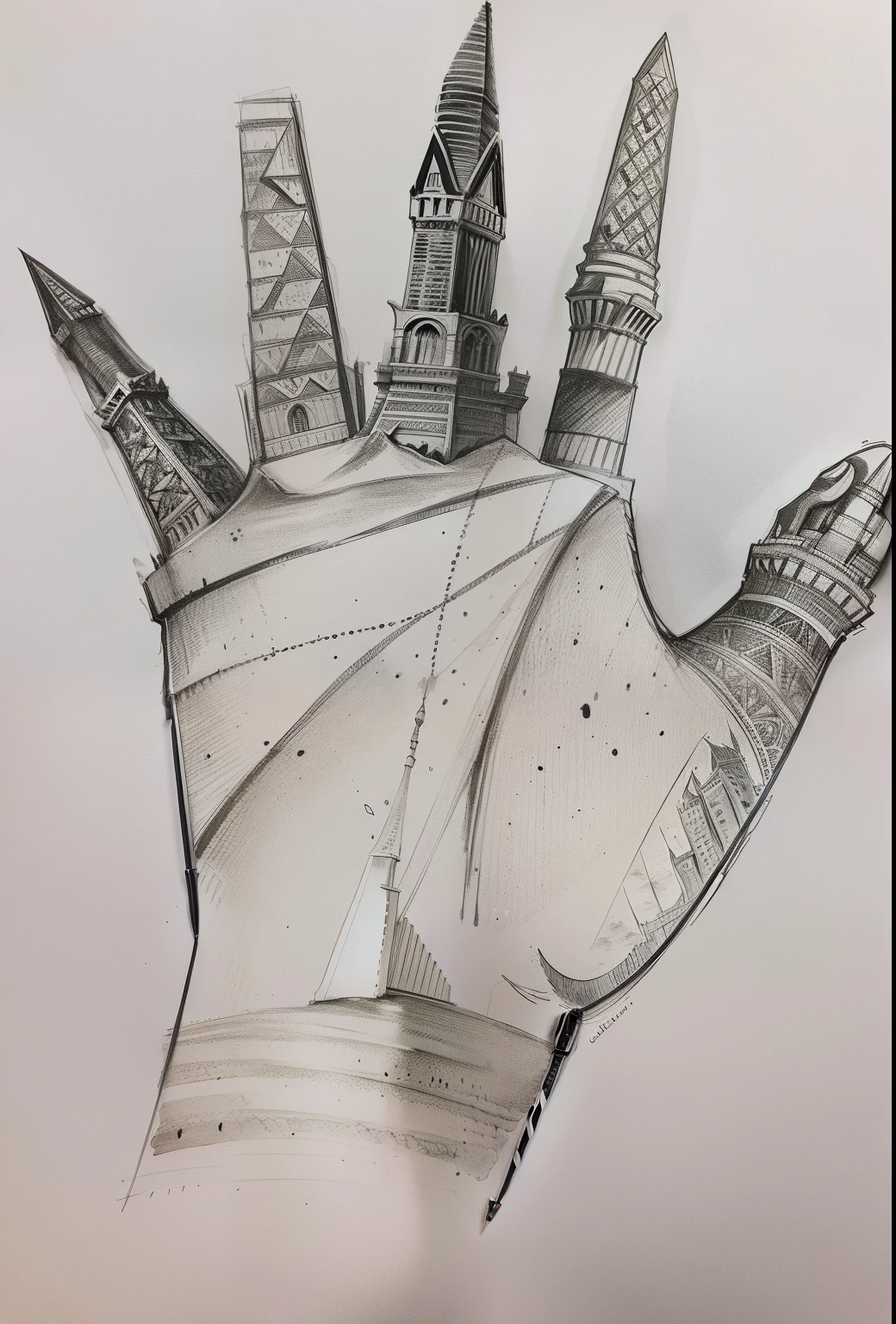 Draw a hand，The five fingers on it are the Eiffel Tower，The Statue of Liberty in the United States，Egyptian pyramids，Leaning Tower of Pisa，Great Wall of China，high detail of a hand, pen and ink drawings, pen and ink on paper, Ink drawing, inked drawing,  detailed ink drawing, extreme hand detail, handpainted, pen and ink illustration, ink and watercolor painting, pen and ink