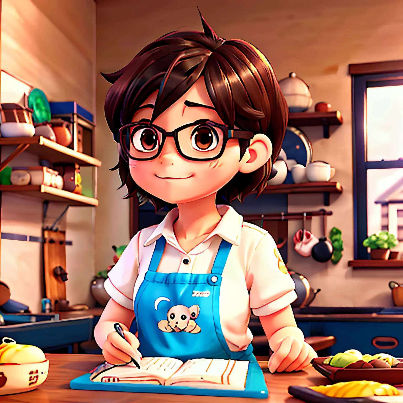 Short haired girl with glasses in the kitchen,chubby face, anime food, Realistic anime 3 D style, Anime style illustration, In anime style, in an anime style, realistic anime artstyle, lofi-girl, anime visual of a cute girl, Realistic anime art style,cooking show, Praise Artstyle, Loli, Illustration style, Anime style illustration, in an anime style, Digital anime illustration, Amazing food illustration, Lofi art, Detailed fanart, In anime style