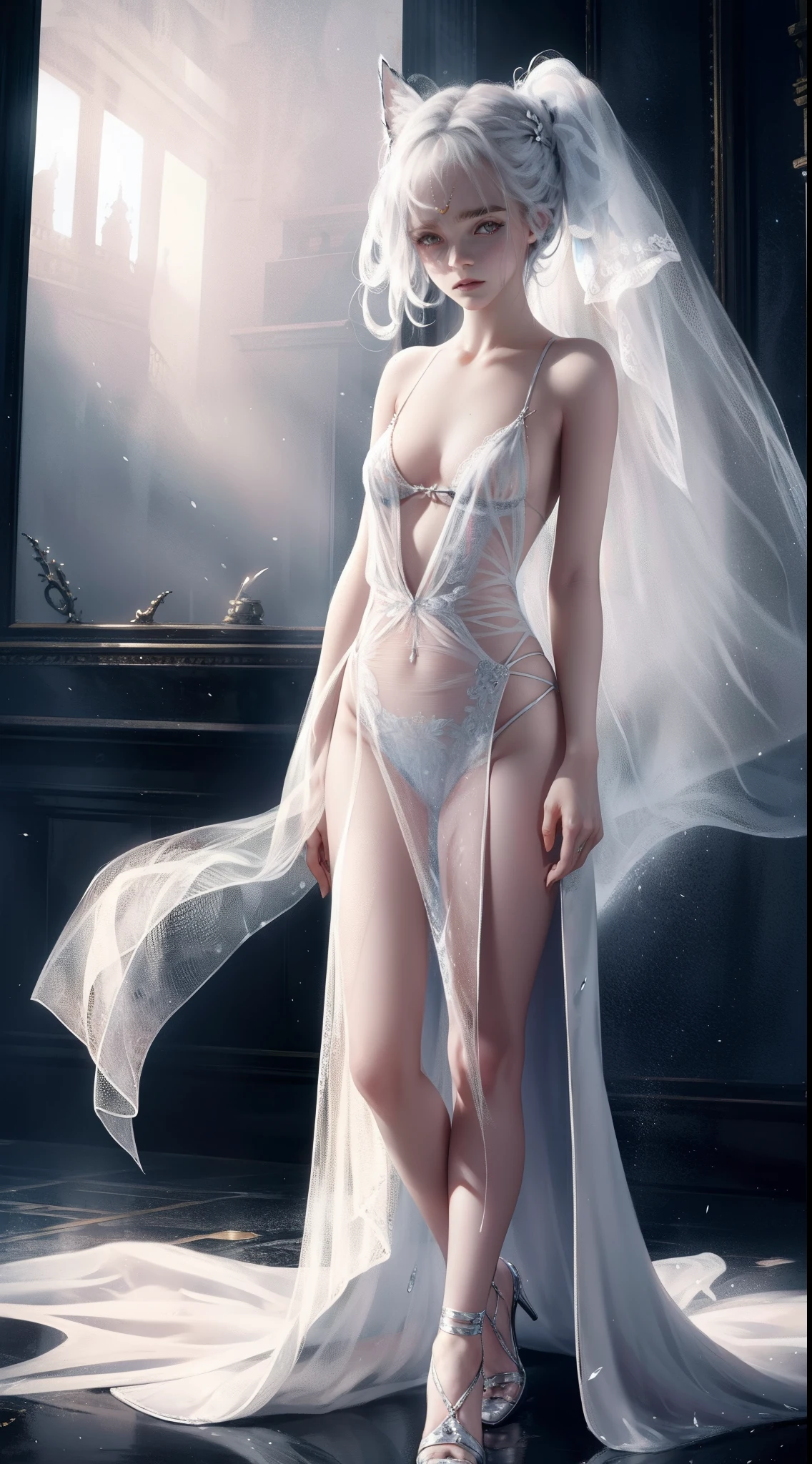 (((Emma Watson))),woman,long white hair,eBlue eyes,White fox ears,see-through wet lingerie,Naked of breast,a flat chest,see through fabric,Cut the fabric,ellegance,Half Dress,big breasts beautiful(tmasterpiece,Sideslit,Fine beautiful eyes:1.2),HDR nudity