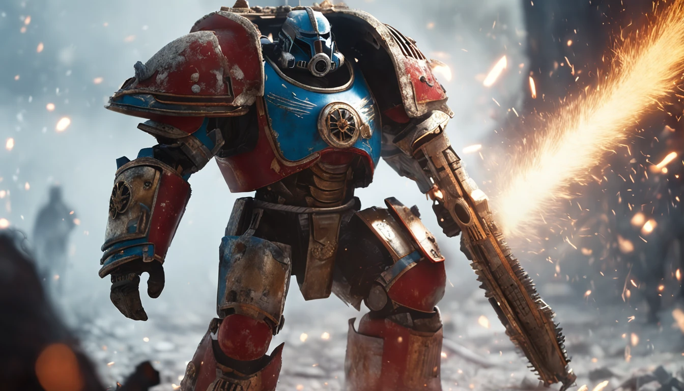 An Astartes Space Marine fighting with a chainsword, crimson and light golden, photorealistic, movie scene, action pose, Sony FE 600mm F4 GM OSS, iso 1000, af-c,shutter: 1/125s, in style of war hammer 40k, yoann lossel, zone system, light blue and white, balanced asymmetry, full body portrait, long shot, Tyndall effect, at home, morning light, best quality, unreal5 engine, ultra detial, uhd, 16k,
