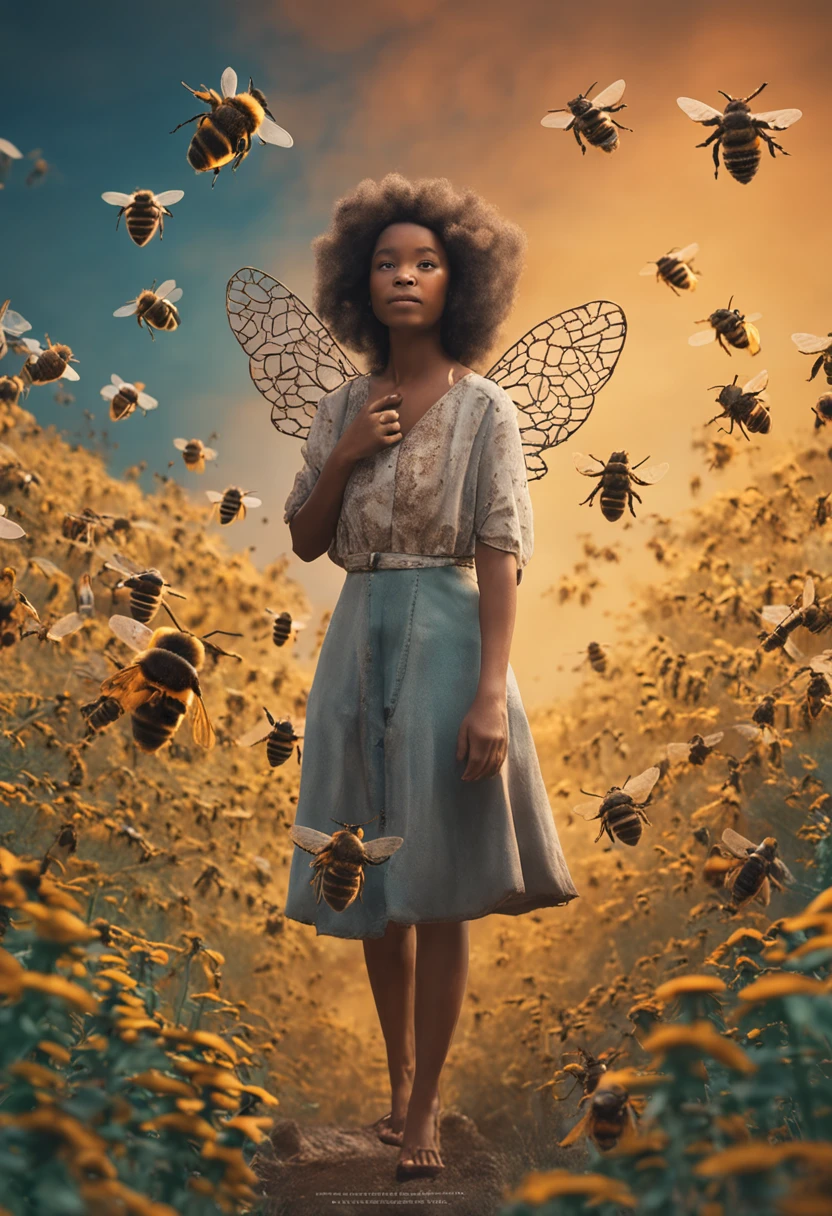 a happy girl with her arms up, surrounded by bees. she stands in a forrest, there are bee hives surrounding her