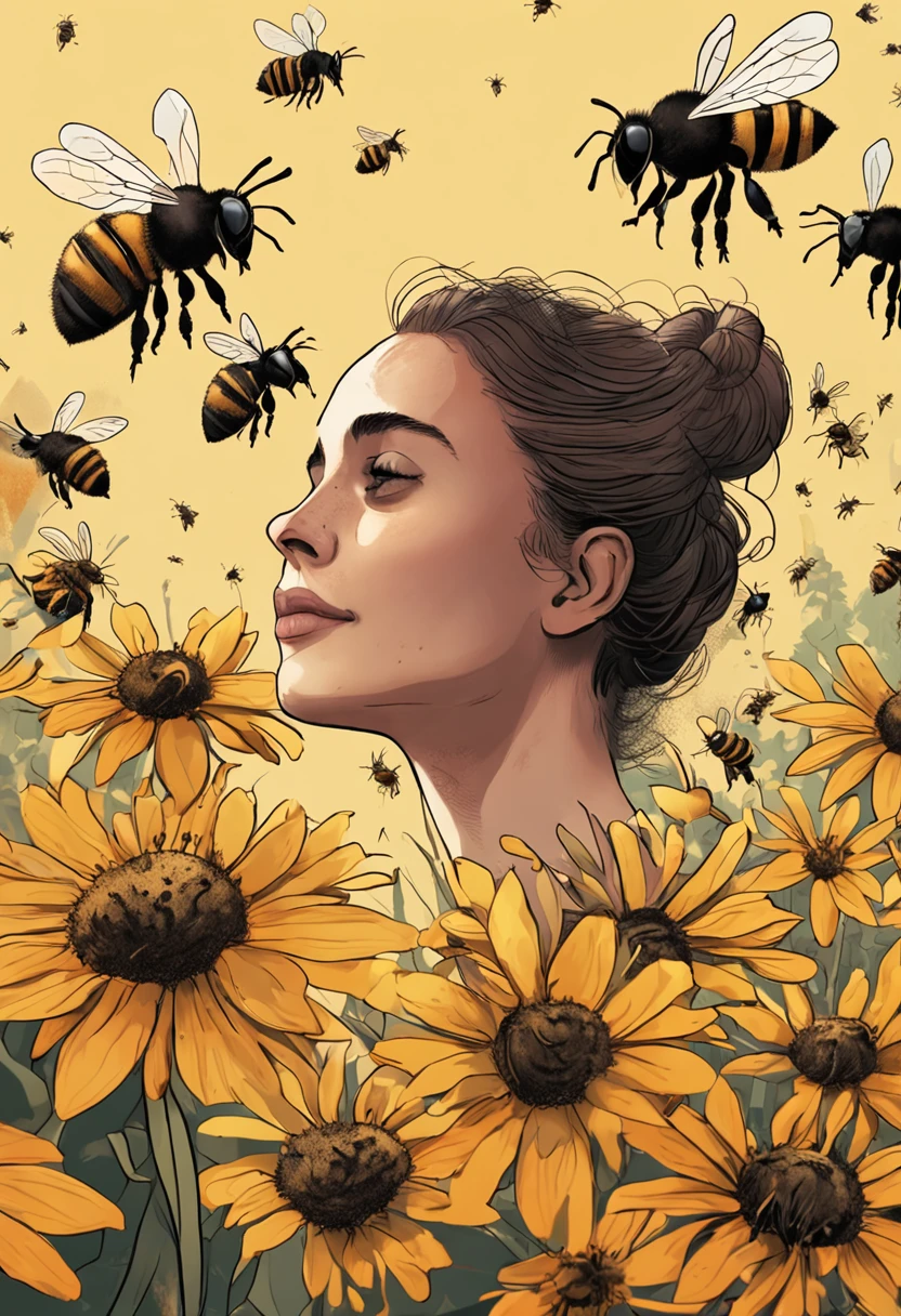 a happy girl with her arms up, surrounded by bees. she stands in a forrest, there are bee hives surrounding her