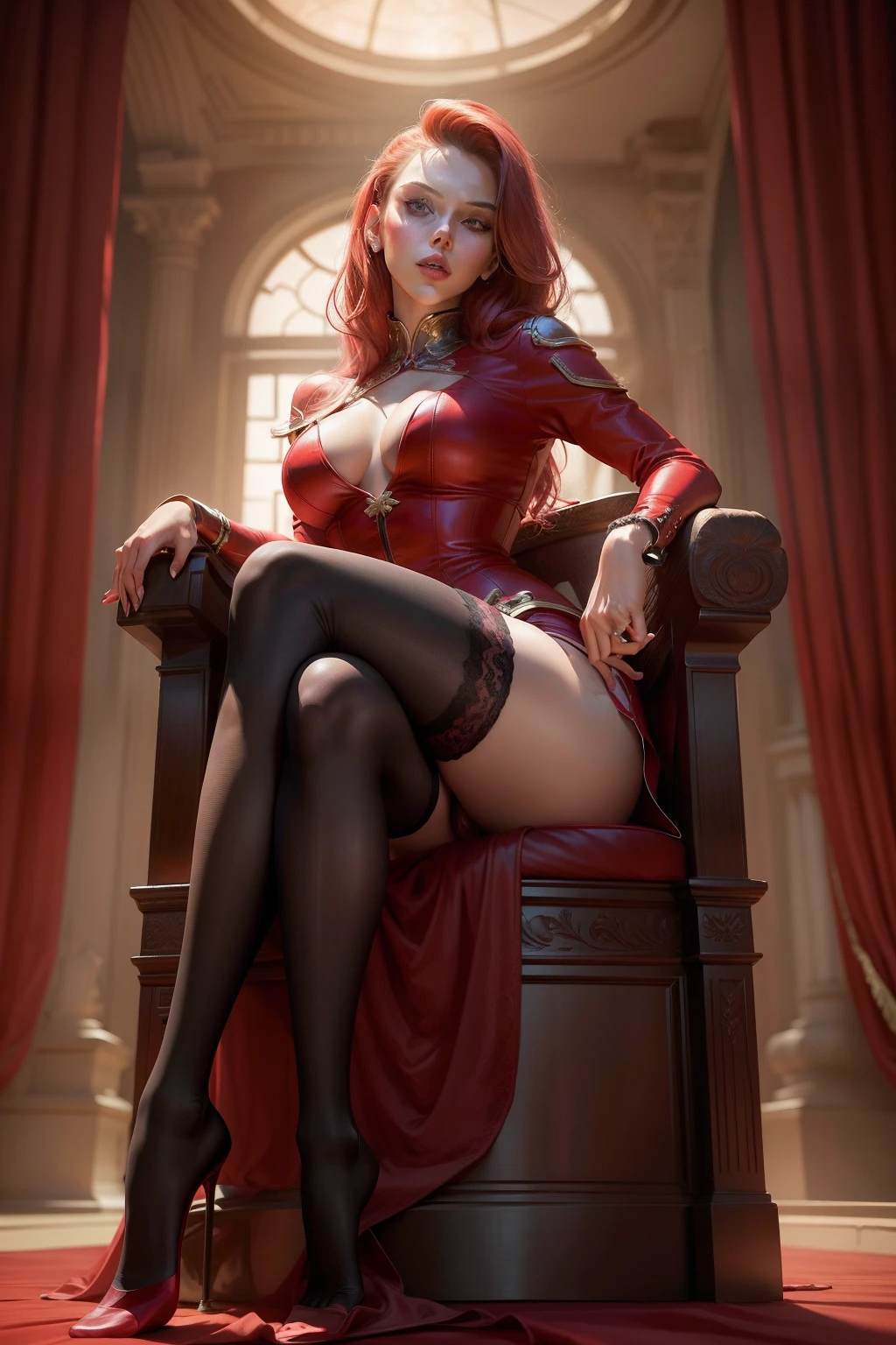 Scarlett Johansson,Raised sexy,Long legs,your jade feet,Red stockings,Bare lace all over,Red knee-length socks,Sit on the throne,Realistic red stockings,Domineering expression