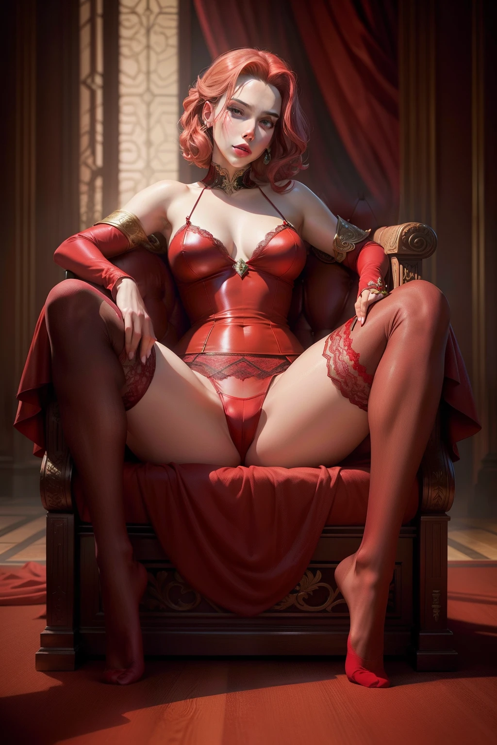 Scarlett Johansson,Raised sexy,Long legs,your jade feet,Red stockings,Bare lace all over,Red knee-length socks,Sit on the throne,Realistic red stockings,Domineering expression