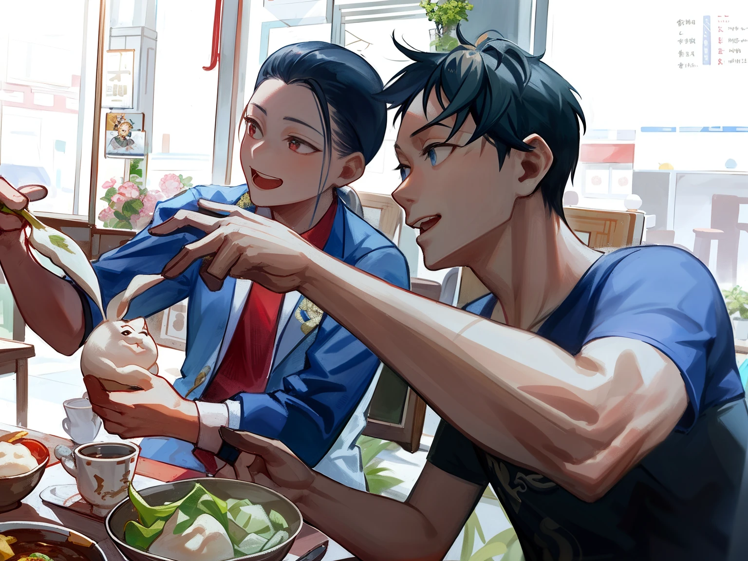 Two women sit at a table and eat together,competition winning, patiphan sottiwilaiphong, ruan jia and brom, author：Igiles, yiqiang and shurakrgt, daopao, Ruan Jia and Fenghua Zhong, wining, with funny feeling, bao phan，Horse Racing Girl，Bigchest，Ultrashort groups