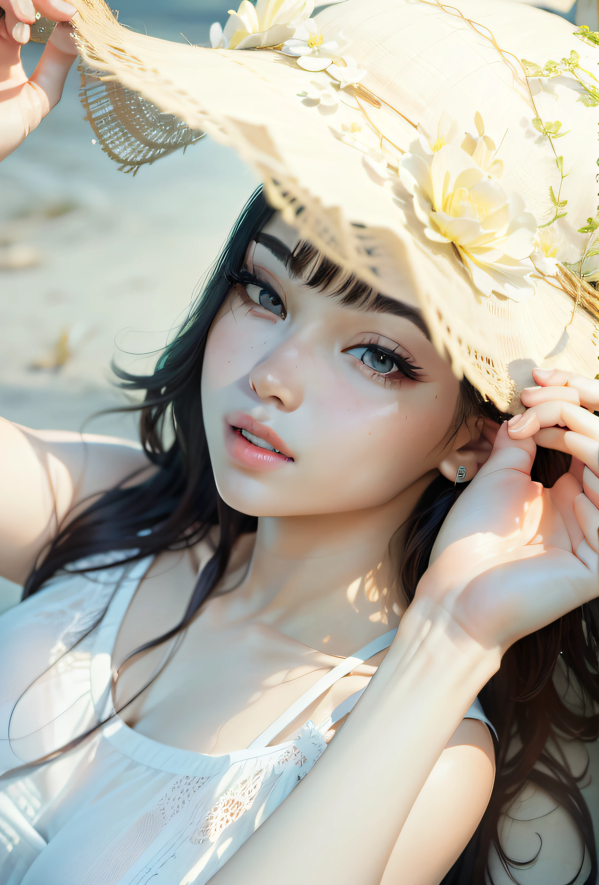 nsfw, 8K Raw photograph, best qualtiy, tmasterpiece, 超高分辨率, filmgrain, cinematic ligh, 1girl, looking at viewert, Natural skin texture, Realistic Eyes and Face Details, full pouty lips, lipsticks, (putting makeup on), Red Eyeshadow, Short fluffy hair, messy hair, ssmile, Keep one's mouth shut,