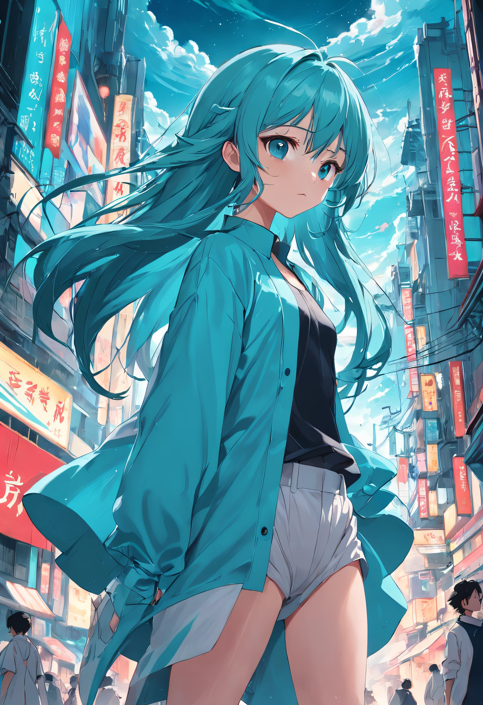 Wear cyan clothes,long trousers,There was a strong wind all around