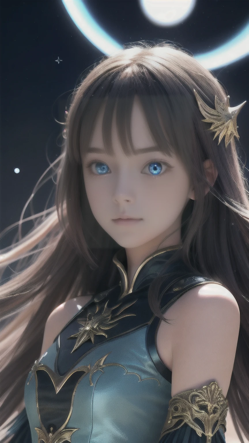 (Fantasy Style), 3D, CG, (Pixiv:1.2), Masterpiece,Extremely best quality, Incredibly detailed, 8K wallpaper,  
Depth of field, (Upper body shot, Looking at viewer), 
Babyface girl, Solo, (Face focus), (Beautiful face), Blue eyes, Bright eyes, Blush, (Extremely beautiful and Cute), Standing,
Floating tiny light particles, Lens flare, Black background, Cinematic lighting,