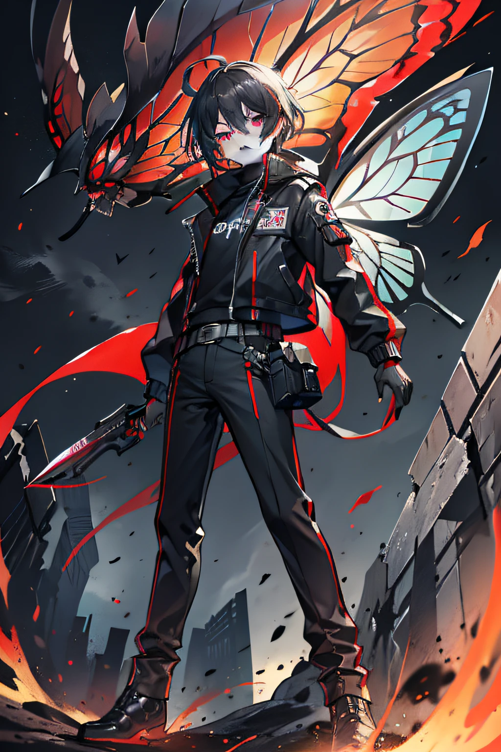 A age boy,male people,Shorter,rosto magro,Black eyes,Medium long hair,Black hair,hair messy,Black sweatshirt,long black jacket,Blood-red pattern,Black shirt,Dark gray trousers,boot,Gray backpack,Butterfly knife,hand gun,dual wielding,thief,exteriors,sci-fy,cyber punk perssonage,Interspersed with reality and unreality/realistic sense/Dimension wall,eventide,Run the track,MarketaB,control tower,neonlight,skyscrapper,Roof,City view,buliding,Riman,mtu,1 man,solo person,mitts,Sweatshirt,long-sleeved gloves,Open your clothes,Jacket with lapels,Combat posture,orthofacial,Floating hair,Messy hairstyle,Asymmetrical hairstyle - The hairstyle has obvious asymmetrical parts,defiance,arrogant face,grin face,exhilarated,crazy,Smug face,ridicule,High-top boots,boot,knifes,arma,hand gun,Small eyeballs,sideface,taunt,belt pouches,The wind blew up the jacket,Raise your knife,Wave forward,male people,1 man,Hook-lock gun,short detailed hair,Holding a butterfly knife,guffaw,big laughter,Normal eyes,Visual lens,Holding a butterfly knife,Eyes shining dark red,Vertical pupils,Blood red butterfly wings,Nails become longer,Go bananas,bloodthirsty,Hair flaunted,slaughter,Burning ruins background,Dull blood-colored sky,Hair fluttering in the wind,Go bananas,Become a demon