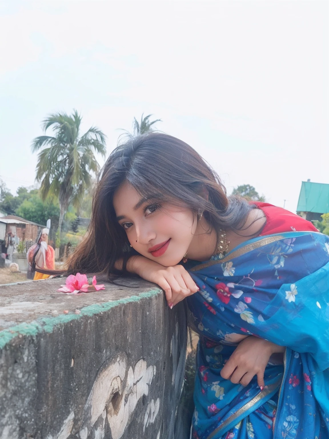 (((desi girl))), chubby face, natural skin, wearing red saree, charming black hair, ((hair ends are blonde)), (((shy looks))), greenary village background, bokeh, (round breast), (cute), (sexy lips), (sexy smile), (pawz), (nsfw), (flower on wall), (flower pot with red and rose flower), (decorated wall with natural flower), (healthy women), (black hair), (long heair), indian actress
