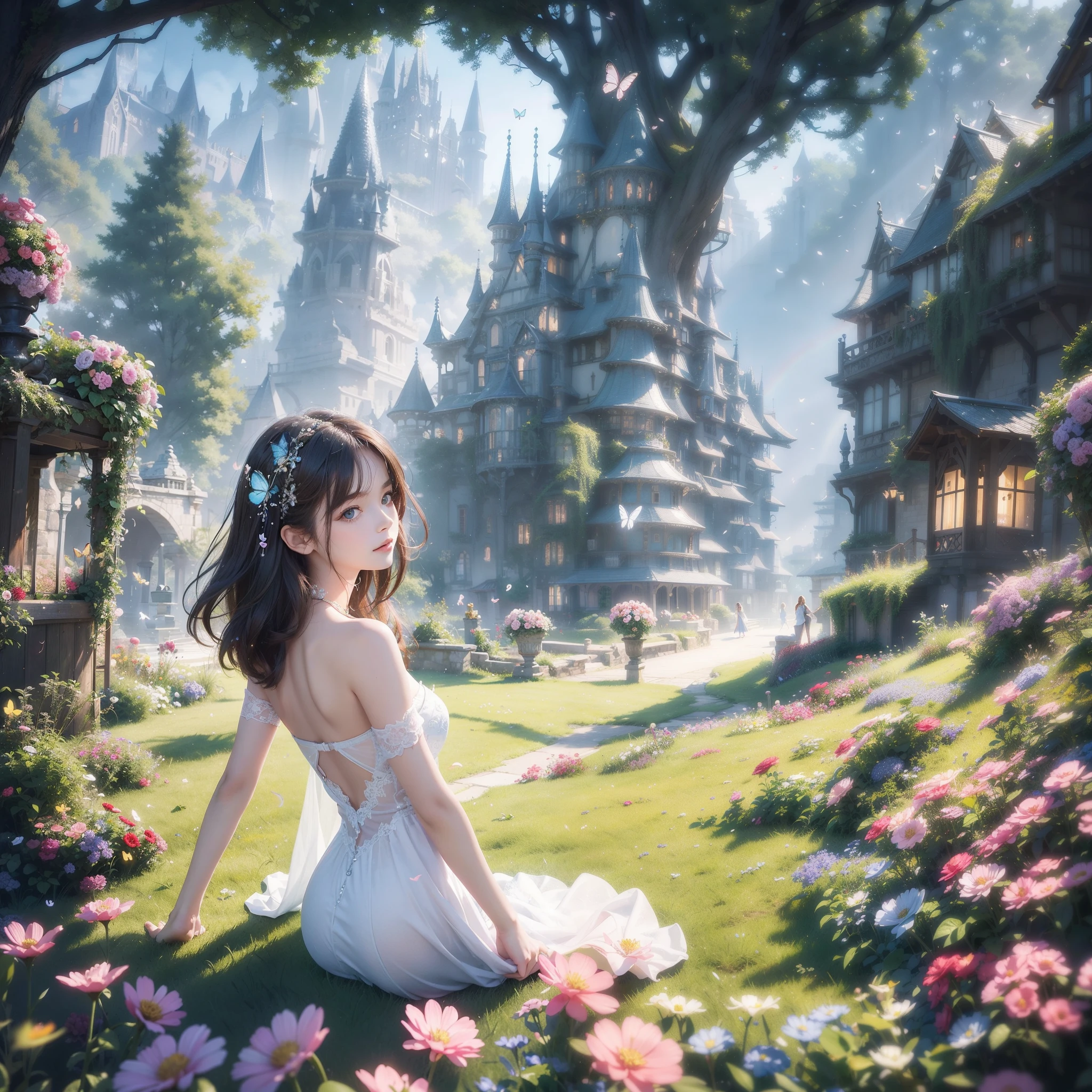 1girl, solo, full body, (masterpiece:1.21), (best quality:1.2), colorful, (illustration:1.2), (cinematic lighting:1.1), (bare shoulders:1.21), (collarbone:1.21) in this whimsical A beautiful and dreamlike garden, the scene is illuminated by a rainbow (colorful fireflies) dancing in the air. Pastel (drizzle) adorns the garden, creating a hazy and ethereal atmosphere. In the center of the picture, stands a single girl, an extremely beautiful girl, with lovely facial features and an innocent expression. Her long hair fluttered in the wind. She wore a low-cut strapless dress that accentuated her curves. The lighting is very delicate and beautiful, creating a soft warm glow that accentuates the water and makes it sparkle like a diamond. The finest grasses are also illuminated to create a lush carpet. The garden is surrounded by colorful flower fields with flowers of all colors and shapes. Various colors and sizes (coloured butterflies) can be seen flying around the scene, adding to the overall sense of wonder and magic. (Everyone, judges), a blush can be seen on the bridge of the nose, and the mouth is slightly opened, which adds to the overall sense of innocence and youth. Falling petals can be seen waving around her, adding to the overall sense of romance and beauty. The breeze is blowing, the leaves are rustling, and the flowers are swaying, adding to the overall dynamism and vitality. It is a scene of pure wonder and magic, full of color and beauty, where the viewer can lose themselves in this enchanting and captivating world.