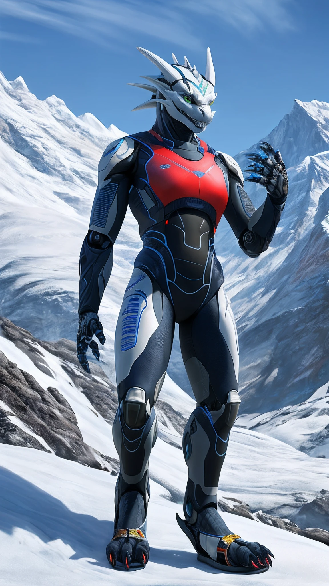Bionic robot dragon,female,Android,Red Lingeri,sandals,standing in the snowy mountain,HD graphics,Detailed and realistic,high detal,high qulity,photo-realistic,photorealistic eye,Detailed paws,Clear eyes,Masterpiece artwork,Five-fingered hands,top-quality,32k