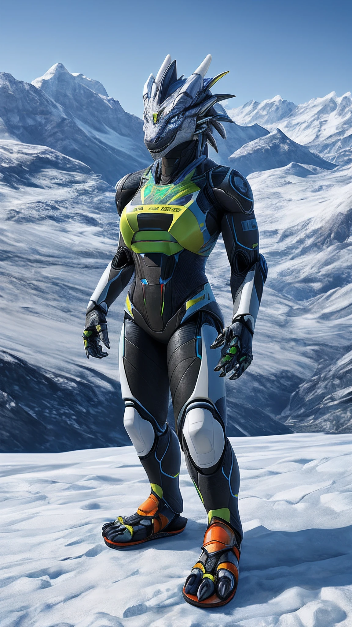 Bionic robot dragon，female，Android，Red Lingeri，sandals，standing in the snowy mountain，HD graphics，Detailed and realistic，high detal，high qulity，photo-realistic，photorealistic eye，Detailed paws，Clear eyes，Masterpiece artwork，Five-fingered hands，top-quality，32k
