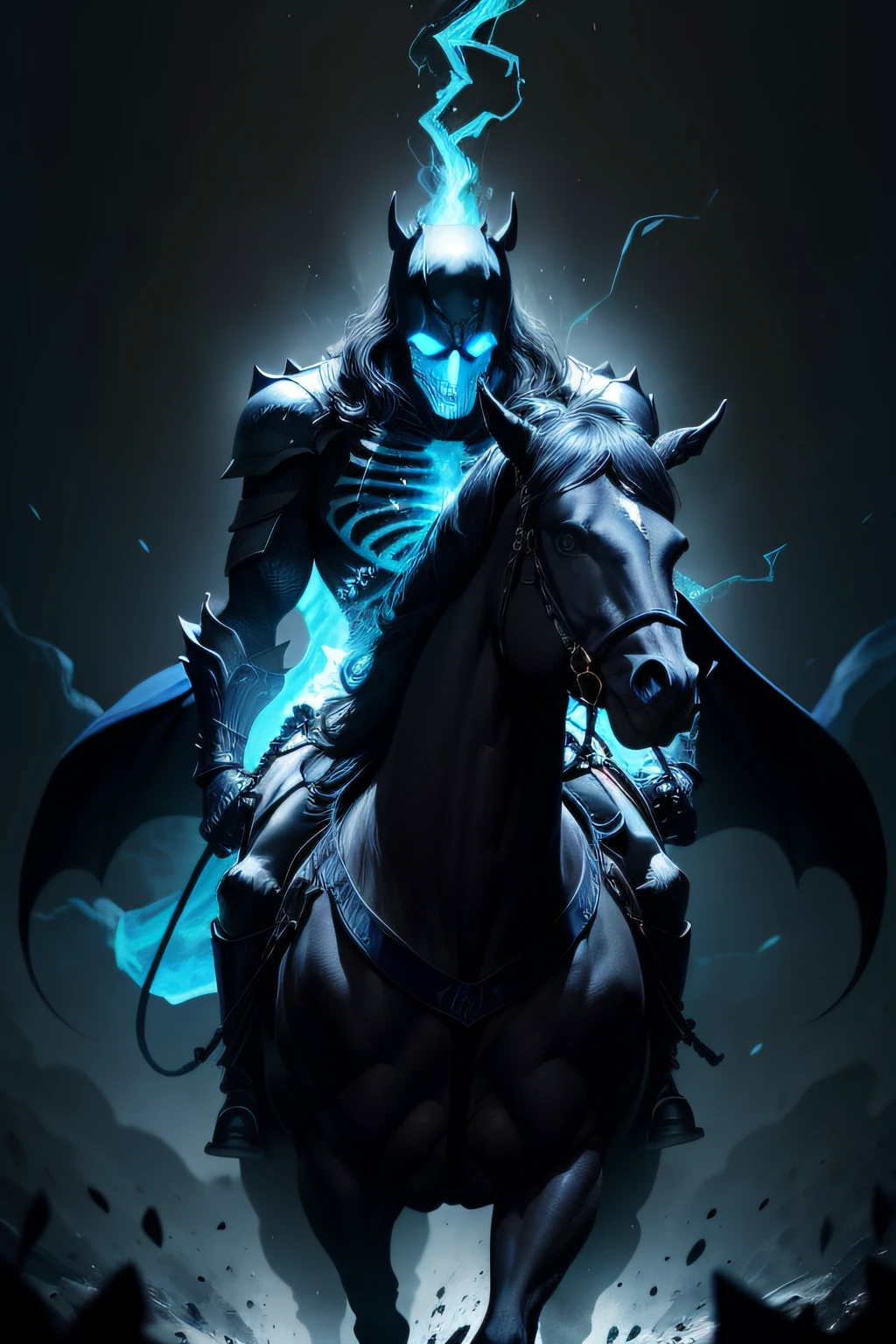 "Dark Knight with a Skeleton King aura, engulfed in mesmerizing Blue and Black flames, riding on a majestic Horse"