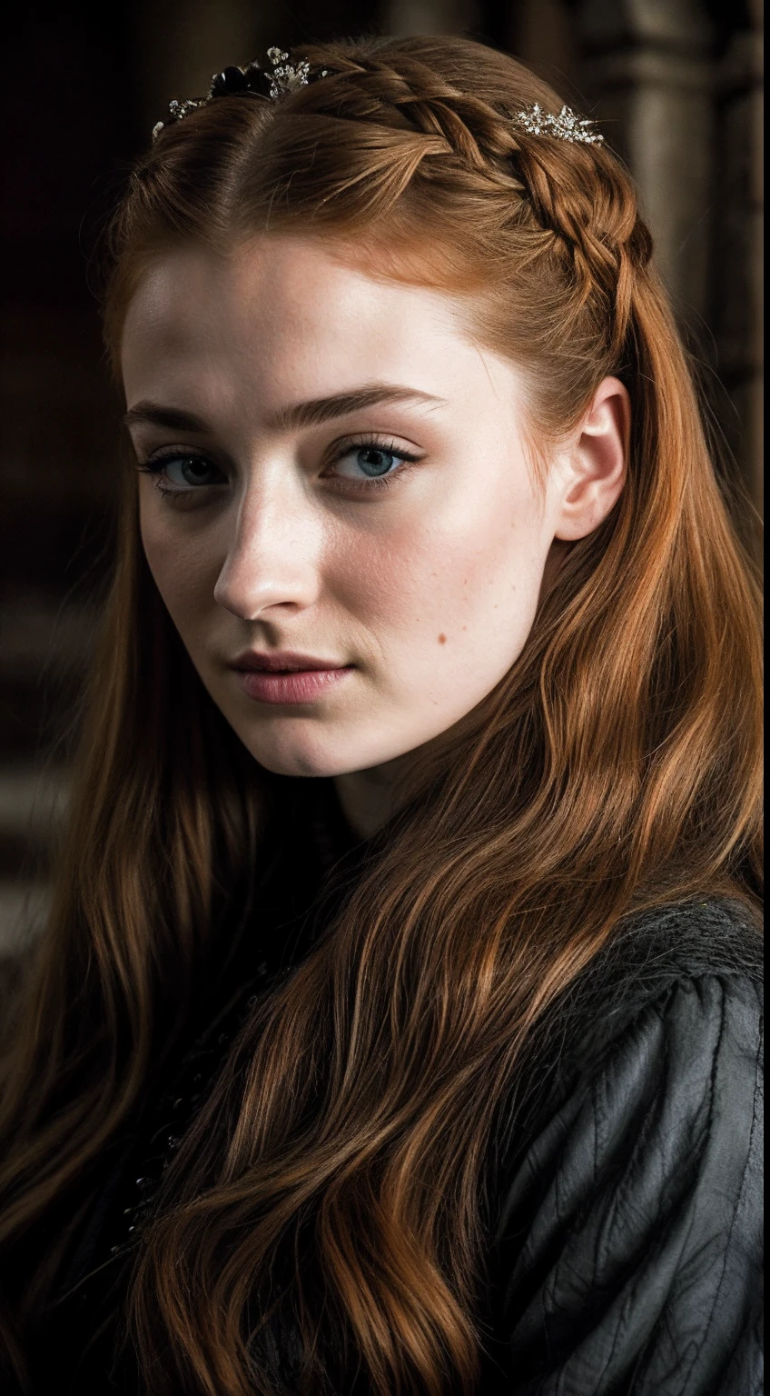 Foto RAW, Sansa Stark PLAYED BY SOPHIE TURNER Ned and Cat's oldest daughter. Demure and ladylike, her dream is to marry Prince Joffrey. Her direwolf is named Lady , Game of Thrones Series, (pele altamente detalhada: 1.2), 8k UHD, DSLR, soft-lighting, alta qualidade, grain of film, Fujifilm XT3