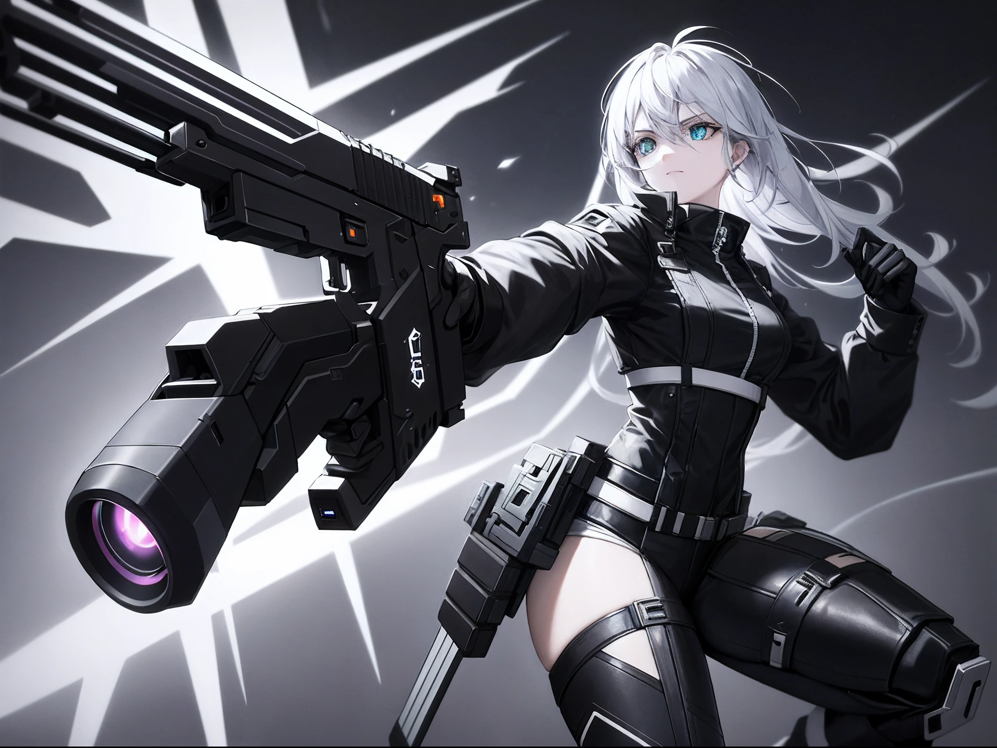 cyber punk perssonage，A style where black and white intersect，Beauty in combat style holding pistol in both hands，solo person