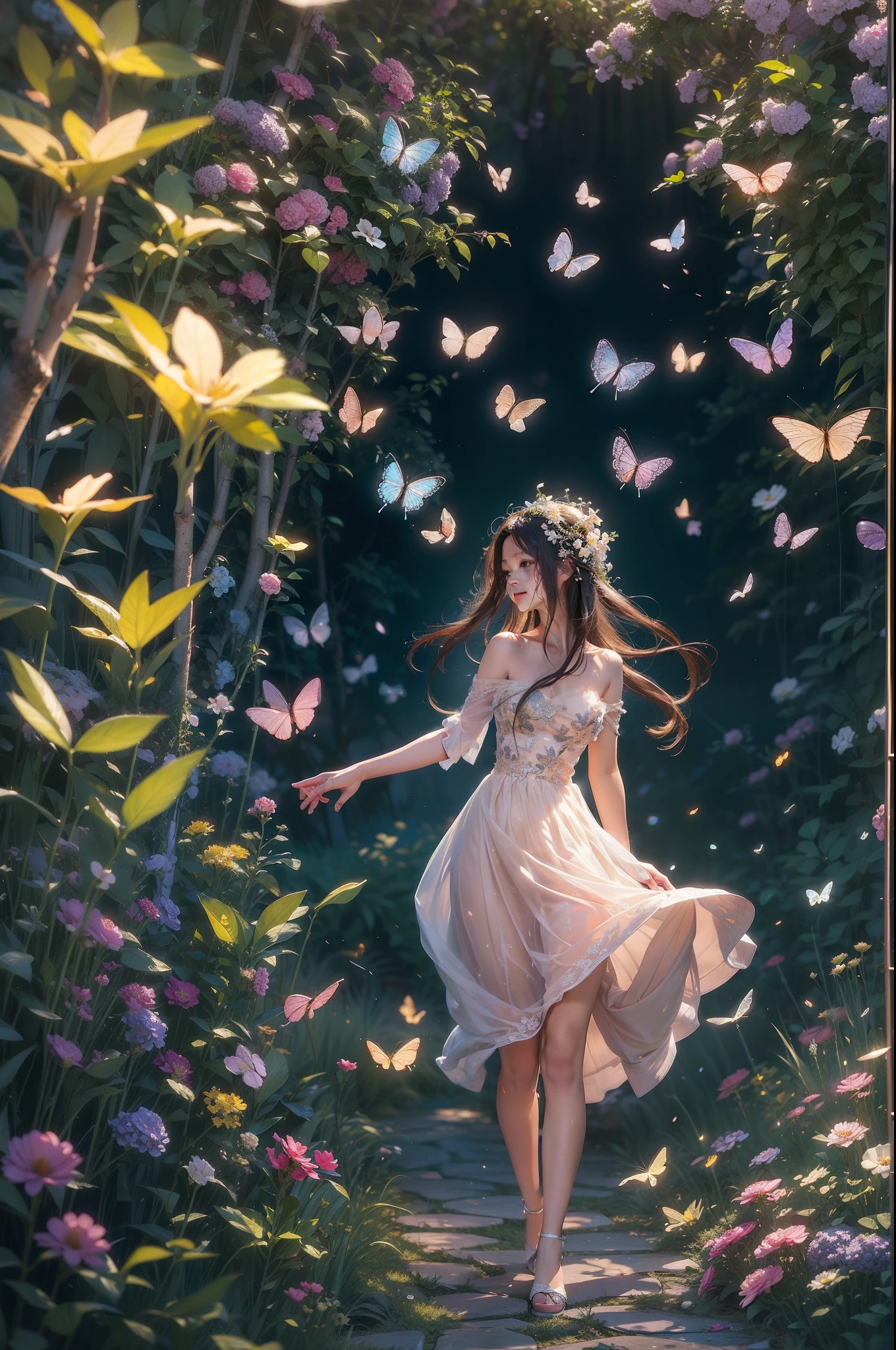 1girl, solo, full body, (masterpiece:1.21), (best quality:1.2), colorful, (illustration:1.2), (cinematic lighting:1.1), (bare shoulders:1.21), (collarbone:1.21) in this whimsical A beautiful and dreamlike garden, the scene is illuminated by a rainbow (colorful fireflies) dancing in the air. Pastel (drizzle) adorns the garden, creating a hazy and ethereal atmosphere. In the center of the picture, stands a single girl, an extremely beautiful girl, with lovely facial features and an innocent expression. Her long hair fluttered in the wind. She wore a low-cut strapless dress that accentuated her curves. The lighting is very delicate and beautiful, creating a soft warm glow that accentuates the water and makes it sparkle like a diamond. The finest grasses are also illuminated to create a lush carpet. The garden is surrounded by colorful flower fields with flowers of all colors and shapes. Various colors and sizes (coloured butterflies) can be seen flying around the scene, adding to the overall sense of wonder and magic. (Everyone, judges), a blush can be seen on the bridge of the nose, and the mouth is slightly opened, which adds to the overall sense of innocence and youth. Falling petals can be seen waving around her, adding to the overall sense of romance and beauty. The breeze is blowing, the leaves are rustling, and the flowers are swaying, adding to the overall dynamism and vitality. It is a scene of pure wonder and magic, full of color and beauty, where the viewer can lose themselves in this enchanting and captivating world.