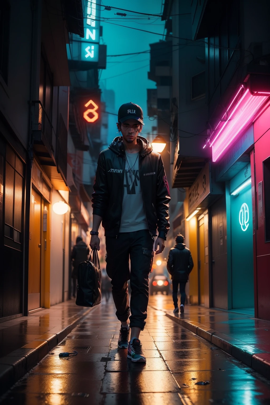 master part, menino sozinho, sozinho, Incrivelmente absurdo, Capuz, headphones on head, Rua, ao ar livre, chuva, neon light, estilo cyberpunk