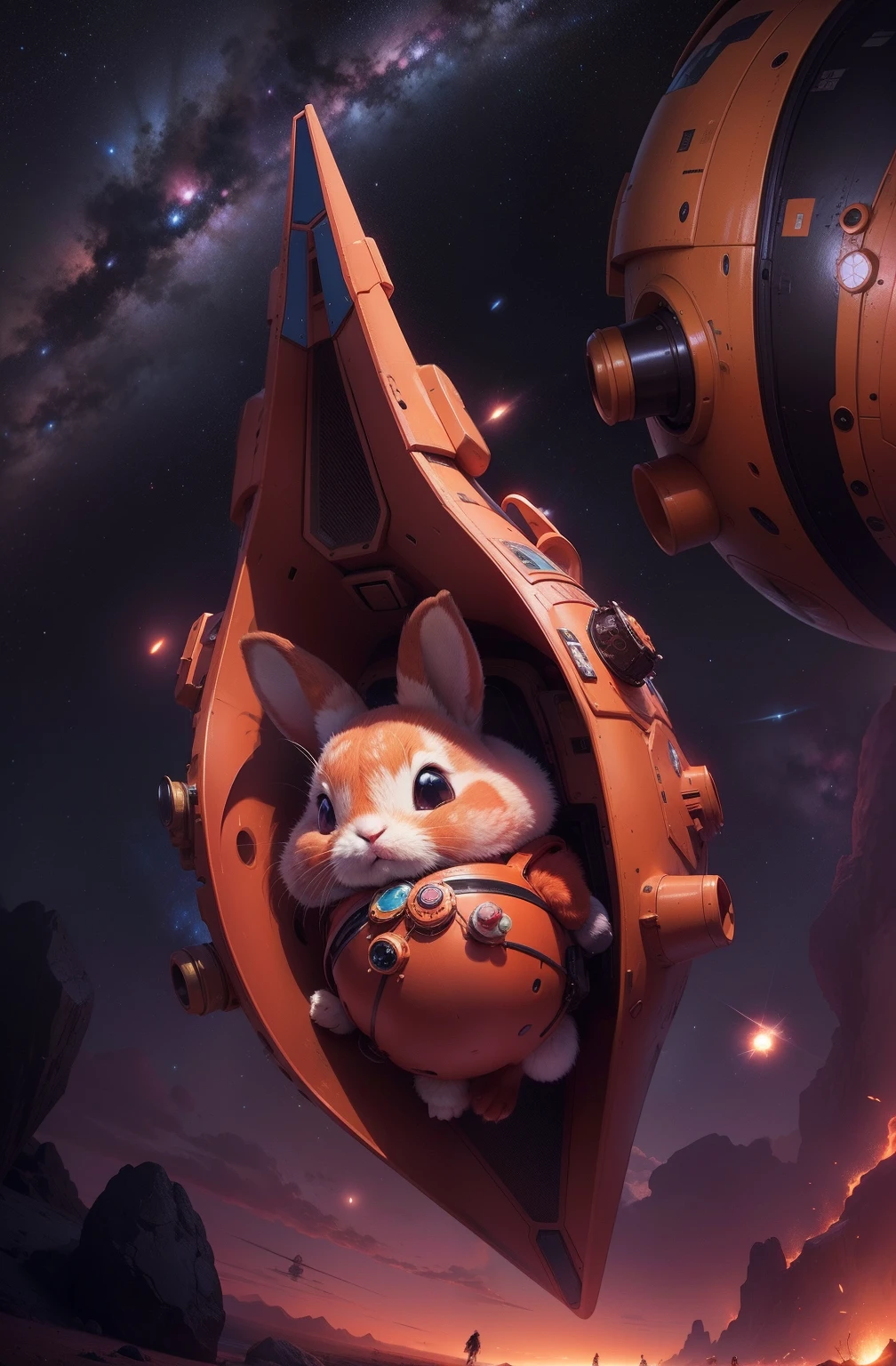 a fluffy red space-bunny, helmet off lands on a desert planet, her spaceship looks like a sunflower seed, there is a faint blue Saturn-like planet in the evening sky, all the stars are out in the purple orange alien sky, strange small trees adorned with colorful seed pods chime and jingle, winds blow the musical sounds to our bunnies perked ears, small creatures scurry among the rocks, colorful bird-like creatures fill the sky, an alien civilization is seen on the distant horizon, small lakes and streams pool nearby, 64k resolution, photorealism, hyperdetailed, in the style of comic art