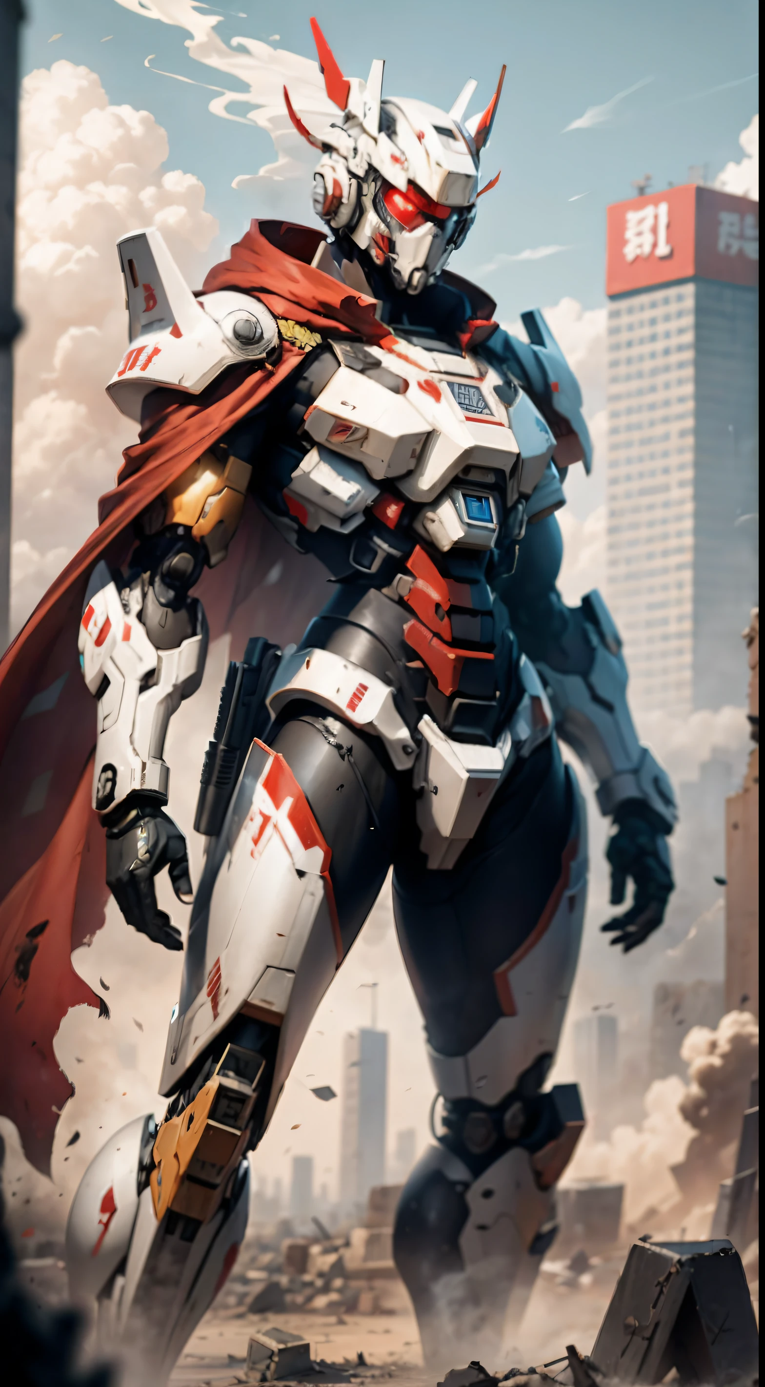 baiyun,city ruins,The smoke and dust of war,Red and white color matching male mecha,Red cape,Standing posture,High quality Ultra HD,Streamer artillery fire