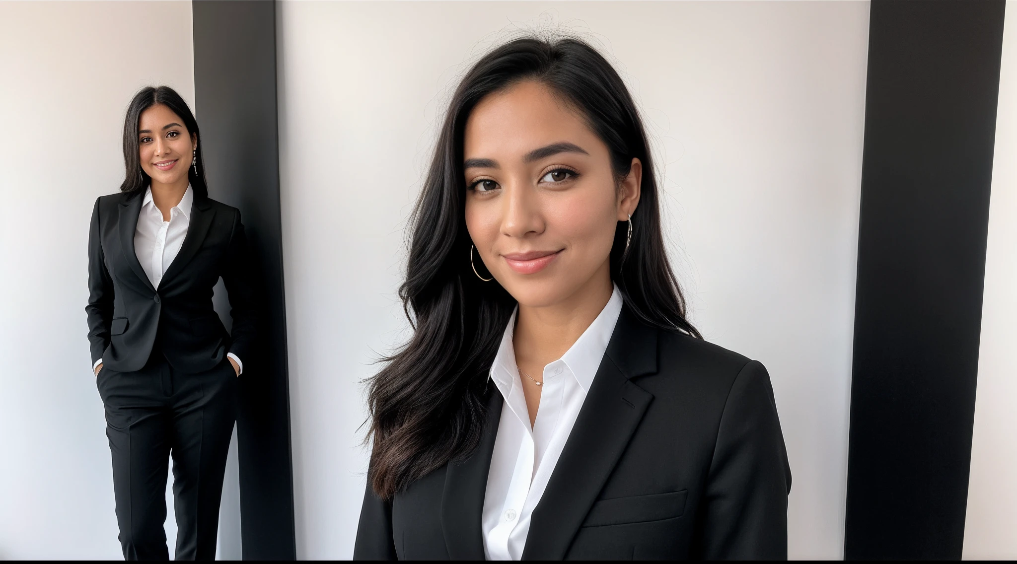 instagram photo, closeup face photo a woman in a black suit, black shirt and black pants posing suit for a picture on the white background