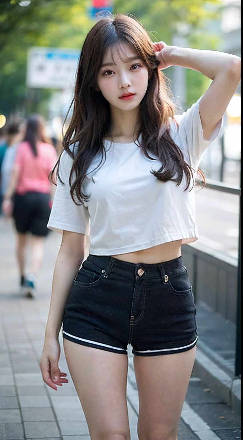 ((Best quality, 8k, Masterpiece :1.3)), 1girl, Pretty woman with slender abs, (Long hair, Ultra-detailed face, Detailed eyes, Double eyelid, short pants, dolphin short pants, korean girl, dynamic lighting, depth of field, model pose, people crossing in background