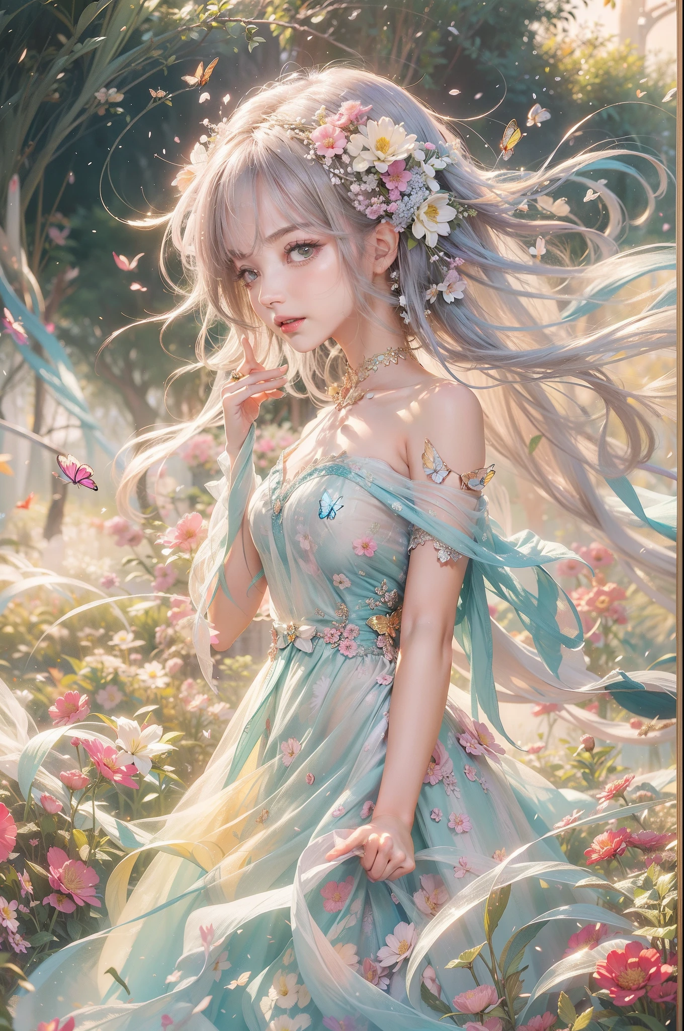 1girl, solo, full body, (masterpiece:1.21), (best quality:1.2), colorful, (illustration:1.2), (cinematic lighting:1.1), (bare shoulders:1.21), (collarbone:1.21) in this whimsical A beautiful and dreamlike garden, the scene is illuminated by a rainbow (colorful fireflies) dancing in the air. Pastel (drizzle) adorns the garden, creating a hazy and ethereal atmosphere. In the center of the picture, stands a single girl, an extremely beautiful girl, with lovely facial features and an innocent expression. Her long hair fluttered in the wind. She wore a low-cut strapless dress that accentuated her curves. The lighting is very delicate and beautiful, creating a soft warm glow that accentuates the water and makes it sparkle like a diamond. The finest grasses are also illuminated to create a lush carpet. The garden is surrounded by colorful flower fields with flowers of all colors and shapes. Various colors and sizes (coloured butterflies) can be seen flying around the scene, adding to the overall sense of wonder and magic. (Everyone, judges), a blush can be seen on the bridge of the nose, and the mouth is slightly opened, which adds to the overall sense of innocence and youth. Falling petals can be seen waving around her, adding to the overall sense of romance and beauty. The breeze is blowing, the leaves are rustling, and the flowers are swaying, adding to the overall dynamism and vitality. It is a scene of pure wonder and magic, full of color and beauty, where the viewer can lose themselves in this enchanting and captivating world.