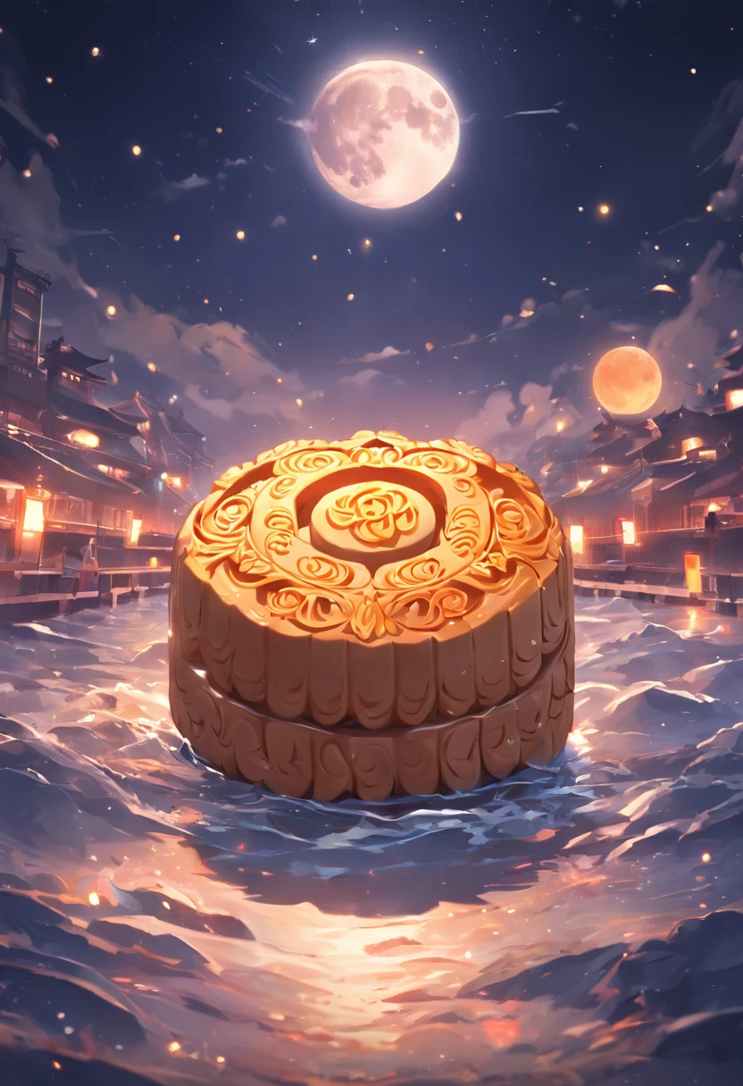 Mooncakes form a creative stage，Scene of a river flowing，Bright moon，best qualtiy，3D modeling rendering，C4D style，wide wide shot，8K，