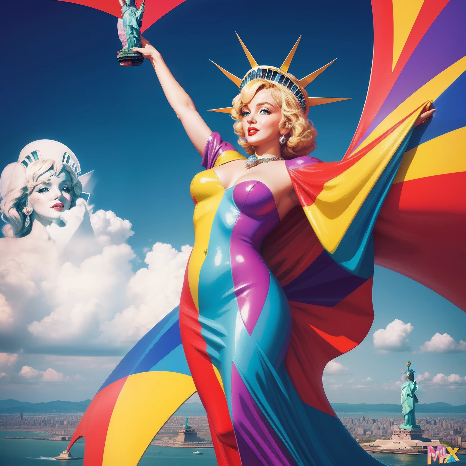 Marylin Monroe in the sky with diamonds, Statue of Liberty in the style of peter max