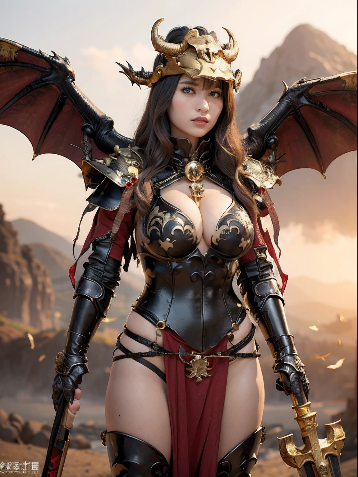 Professional , ​masterpiece、top-quality、photos realistic , depth of fields 、（Dragon Black Metal Body:1.９),(Mattretto、（cleavage of the breast）、Dragon Gold Weapon、（Micro Bikini Armor:1.４),Gorgeous gold weapons ,（（ Dragon's dense and gorgeous sword）） , （demonic wings）、（（a blond））、（Castle background）、（（Gangle's forest background））、Beautiful Caucasian beauty、１a person、dynamic ungle,(((Detailed and ornate dragon helmet)))、Smaller head、A smile、Castle background、Thin and beautiful female hands、cleavage of the breast、Soldier in iron armor on background、Mystical expression、Light Effects、intense fighting、Wind-effect、magic circles、With the legendary magic wand、Dragon's tail、explosions、