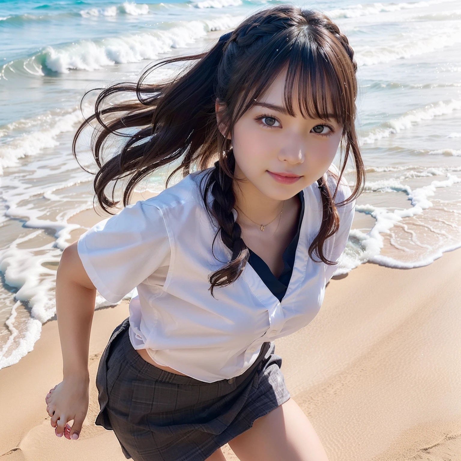 (Barefoot, Running, Ride the waves to the beach,:1.4),Hands folded,in 8K,Best Quality:1.4, 超A high resolution:1.5, (Photorealistic:1.4),​masterpiece:1.2,(top-quality:1.4)、 Raw photo、 1日本人の女の子, Cute, (Solo), (Shy smile), Smooth skin、ＴThe shirt、Cute checked mini skirt、 (Brown medium hair,Bangs), (touch hair:1.4)、nogizaka、35 year old:1.5、Beautiful black eyes、natural skin textures:1.3, realistic eyes and face details:1.7、middlebreasts、(Medium chest:1.2),(Braided arranged hair:1.1),Floating hair