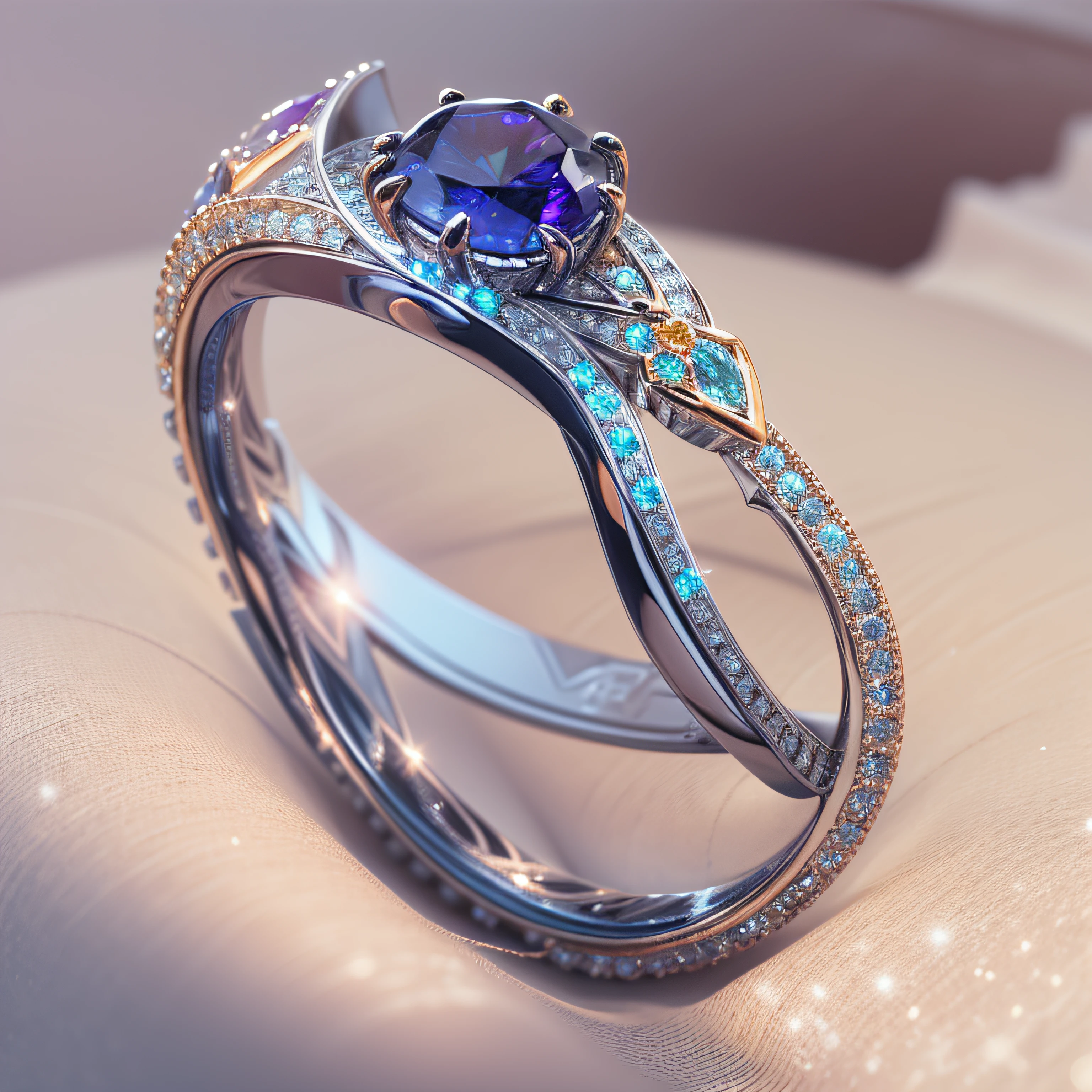 Masterpiece，highest  quality，(Nothing but the ring)，(No Man),The ring is like a river of stars，starrysky，Wrapped around the end from beginning to end，Delicate silver ring，Starry sky on the ring,The sheen，inverted image，Sparkling blue-purple gemstones，Elegant and noble,simple backgound