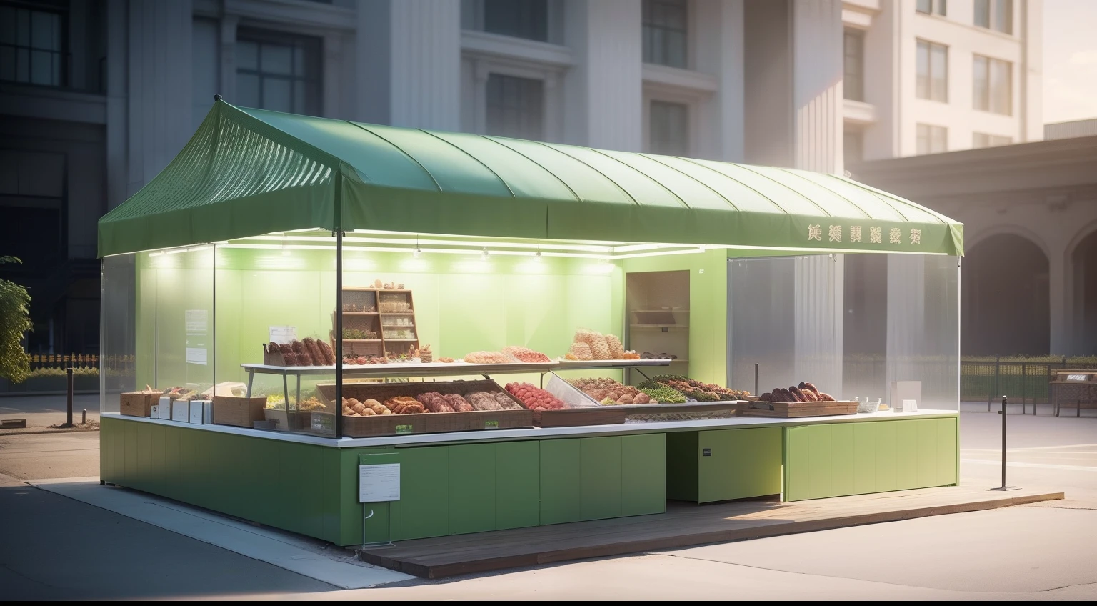 The pavilion space is the background，Create a length of 20 meters，Width 10 meters，A booth 5 meters high，innovative、Inspired by the minimalist style，Green environmental protection as the theme，Some unique display cases，Meat is the product on display
