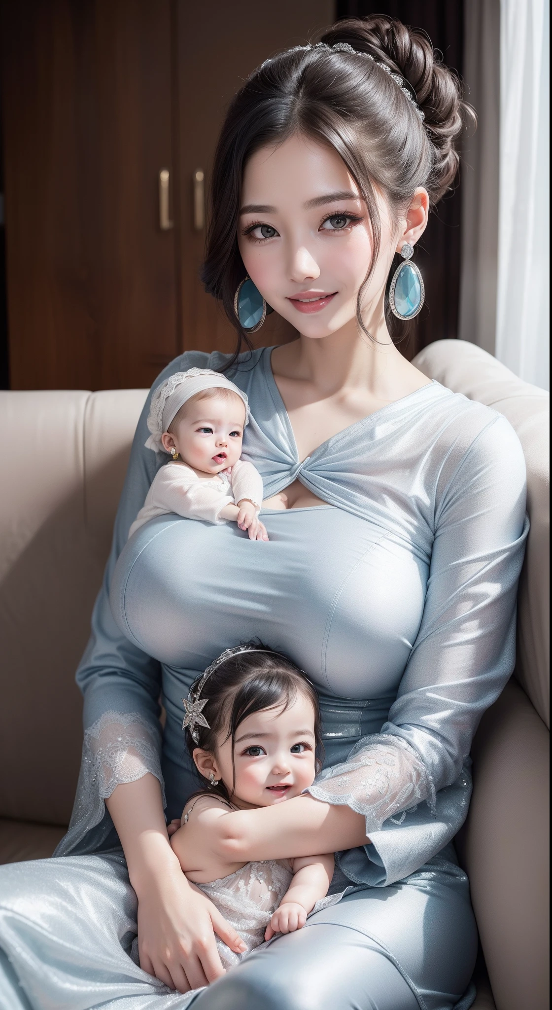 Female ((29 years old)), hair (( long, silver )), clothes ((vintage dress, pattern, blue)), half open chest cloths, accessories ((earrings, hair clip)), hair bun, huge boobs, korean make-up look, smiling, sitting on couch, carrying a on her lap, ( hyper detailed face of the baby