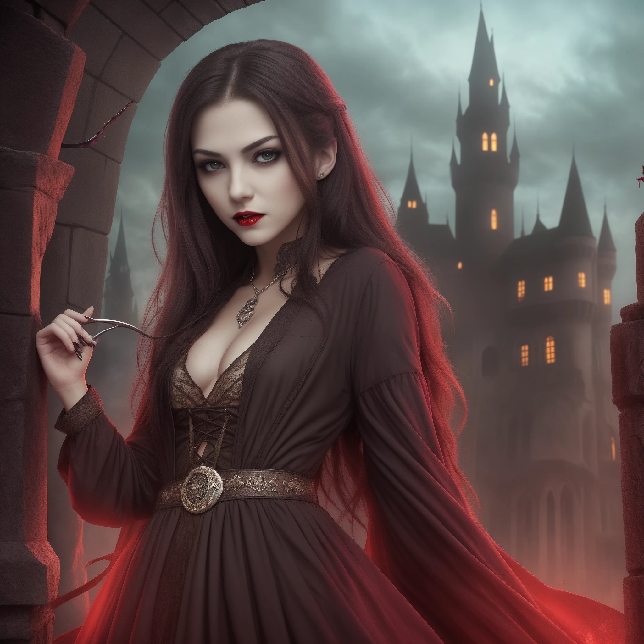 Vampire, male, fangs dripping Blood, Castle, midnight, pretty girl --auto --s2