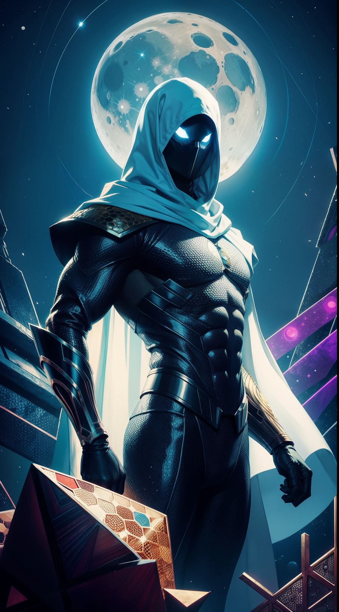 Moon Knight из комиксов Marvel, Masterpiece, Best Quality, abstract, Psychedelic, Neon, (honeycomb pattern), (creative:1.3), Sy3, SMM, fantasy00d