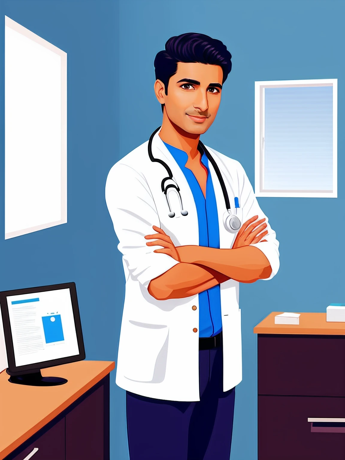 Handsome fair Indian doctor talking to a patient clinic background large window vector art