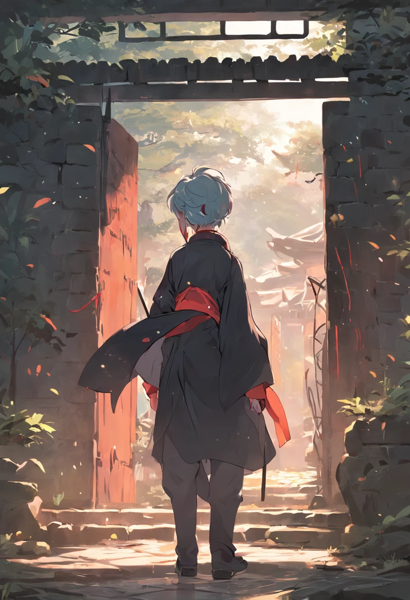 Security guard Xiao Xu turned his back to the ancient house,Stand outside the fence,Look at the entrance of the ancient house。