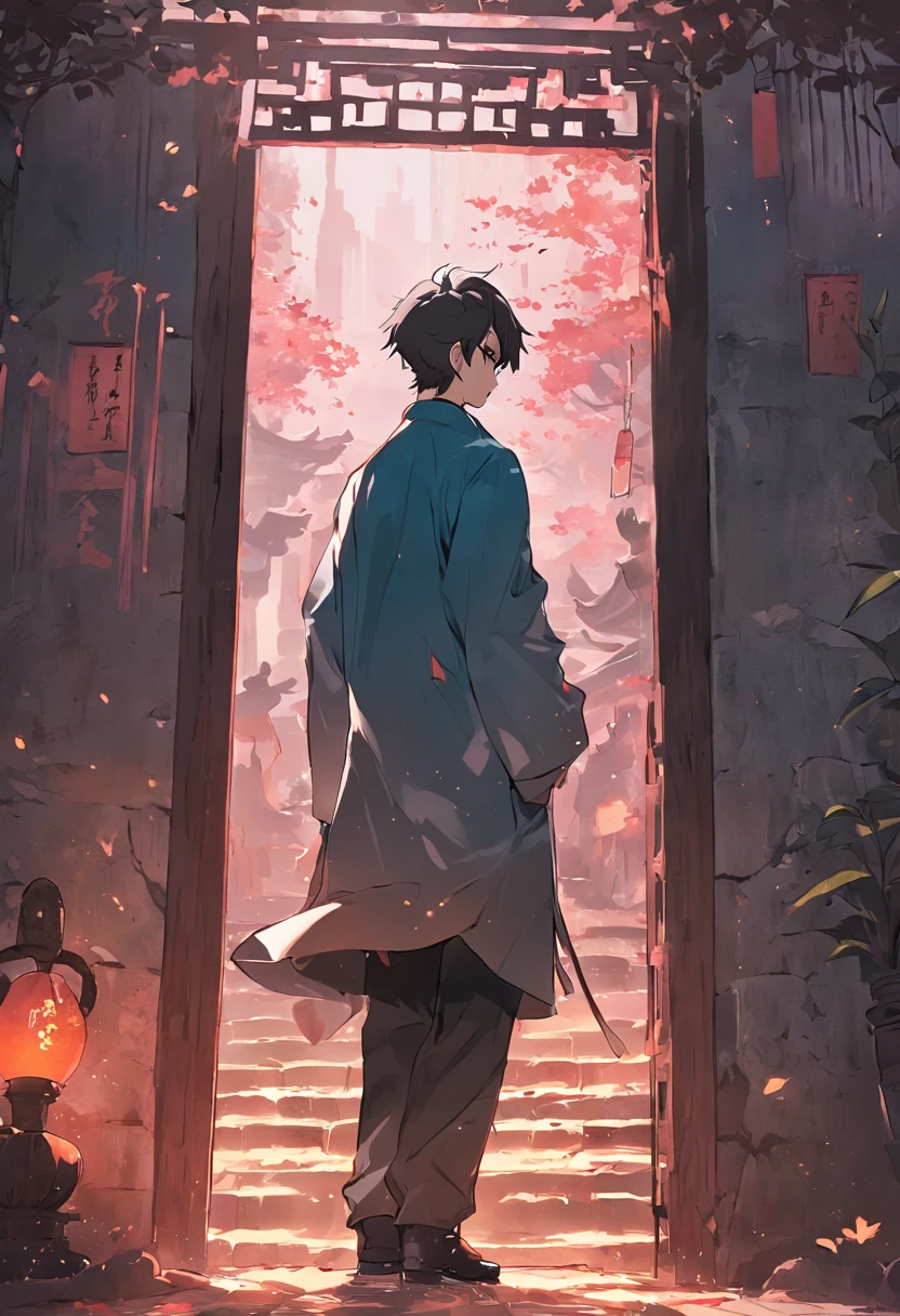 Security guard Xiao Xu turned his back to the ancient house，Stand outside the fence，Look at the entrance of the ancient house。