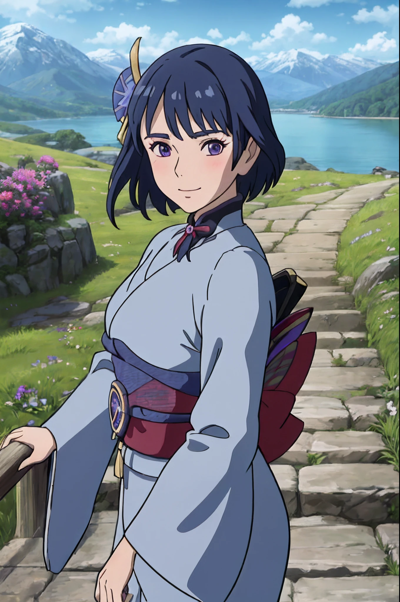 full body, (best quality), (masterpiece), (solo), grass, flowers, lake, trees, mountains, sunny, raidenshogundef, upper body, smile, blush, outdoors, day, simple background, blue sky, short hair, sky, temple, looking at viewer, stairs, mountain, moody lighting, facing viewer, raiden shogun dress, raiden shogun face, girly face, detailed